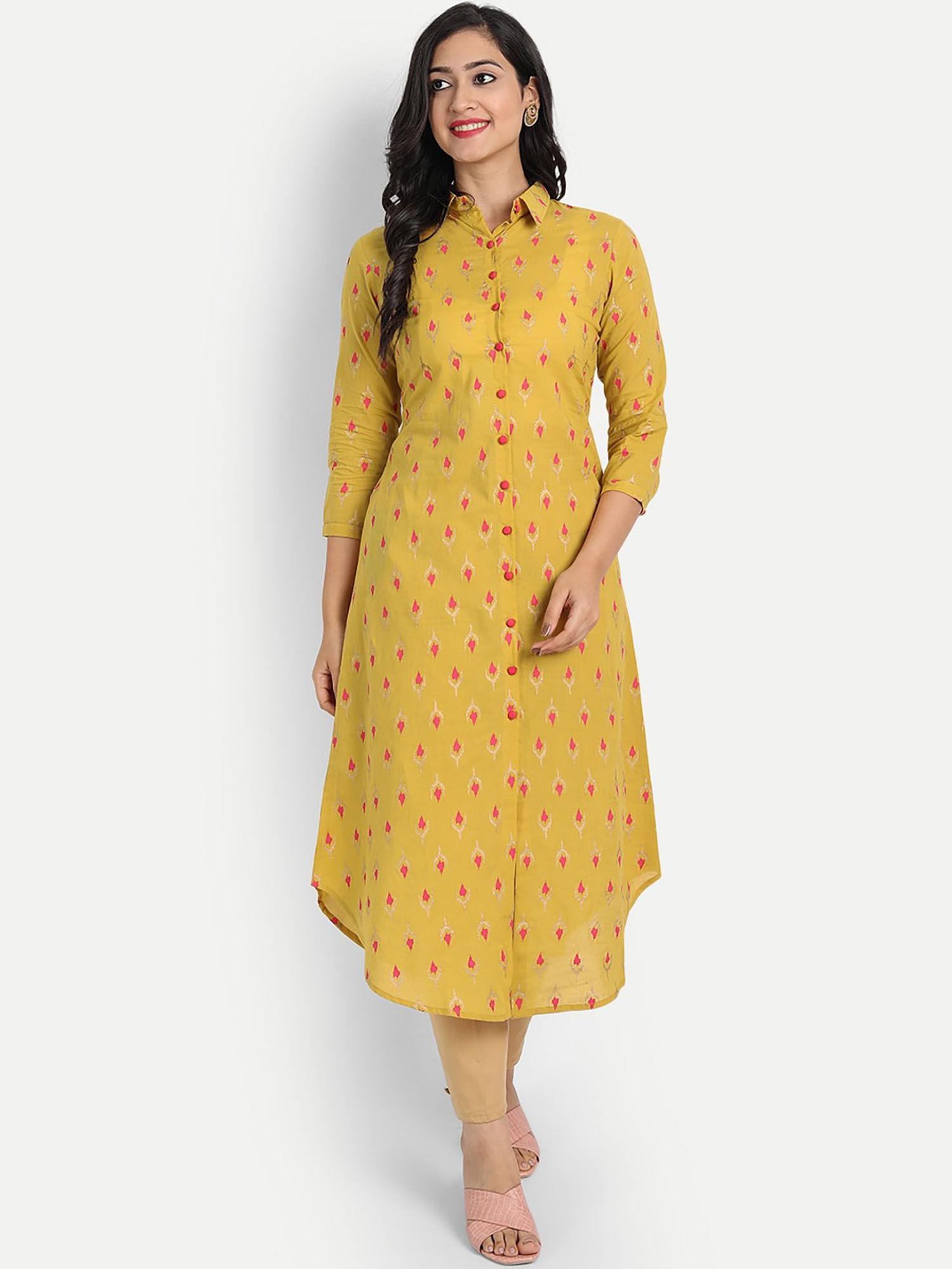 women cotton ikkat printed straight kurta with open placket - gold