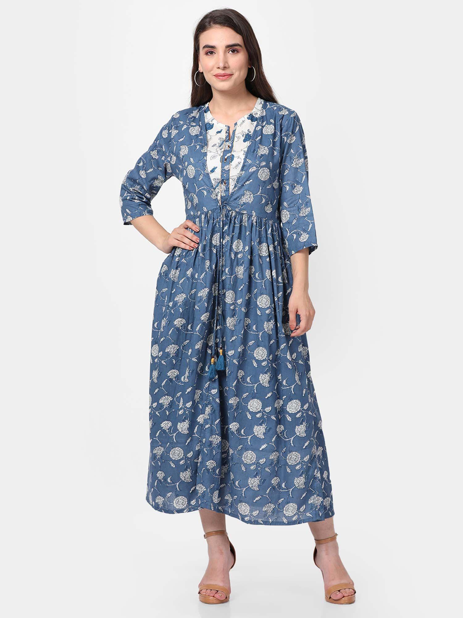 women cotton indigo blue floral printed dress (set of 2)