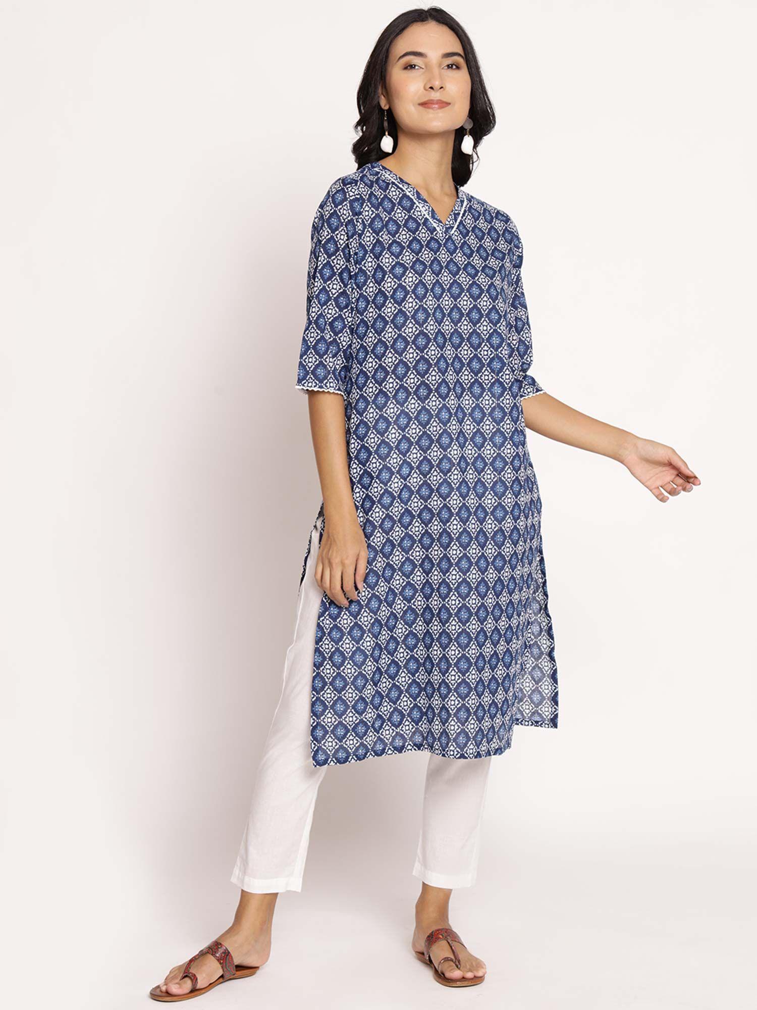 women cotton indigo blue ornamental printed kurta