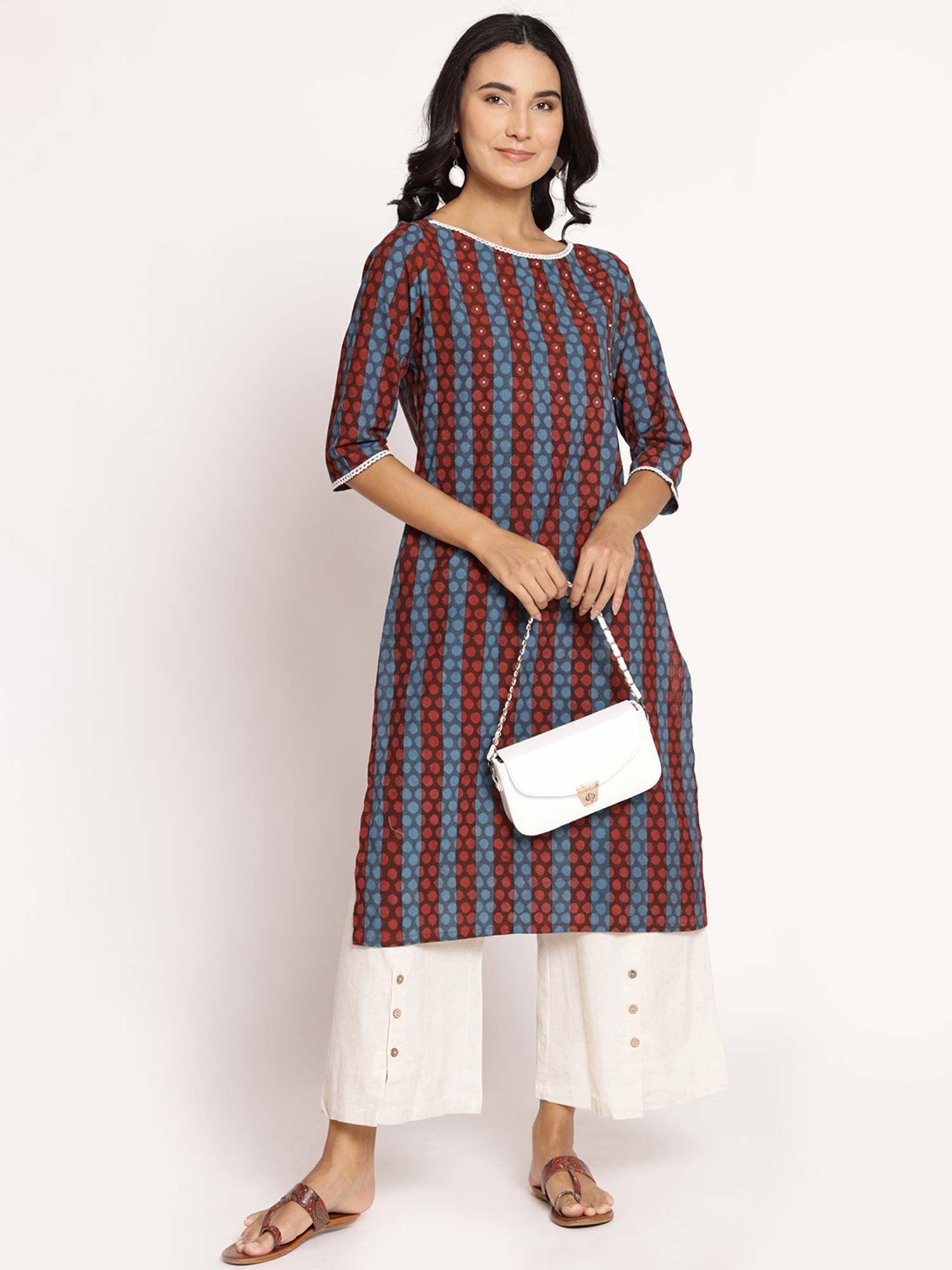 women cotton indigo stripe printed kurta