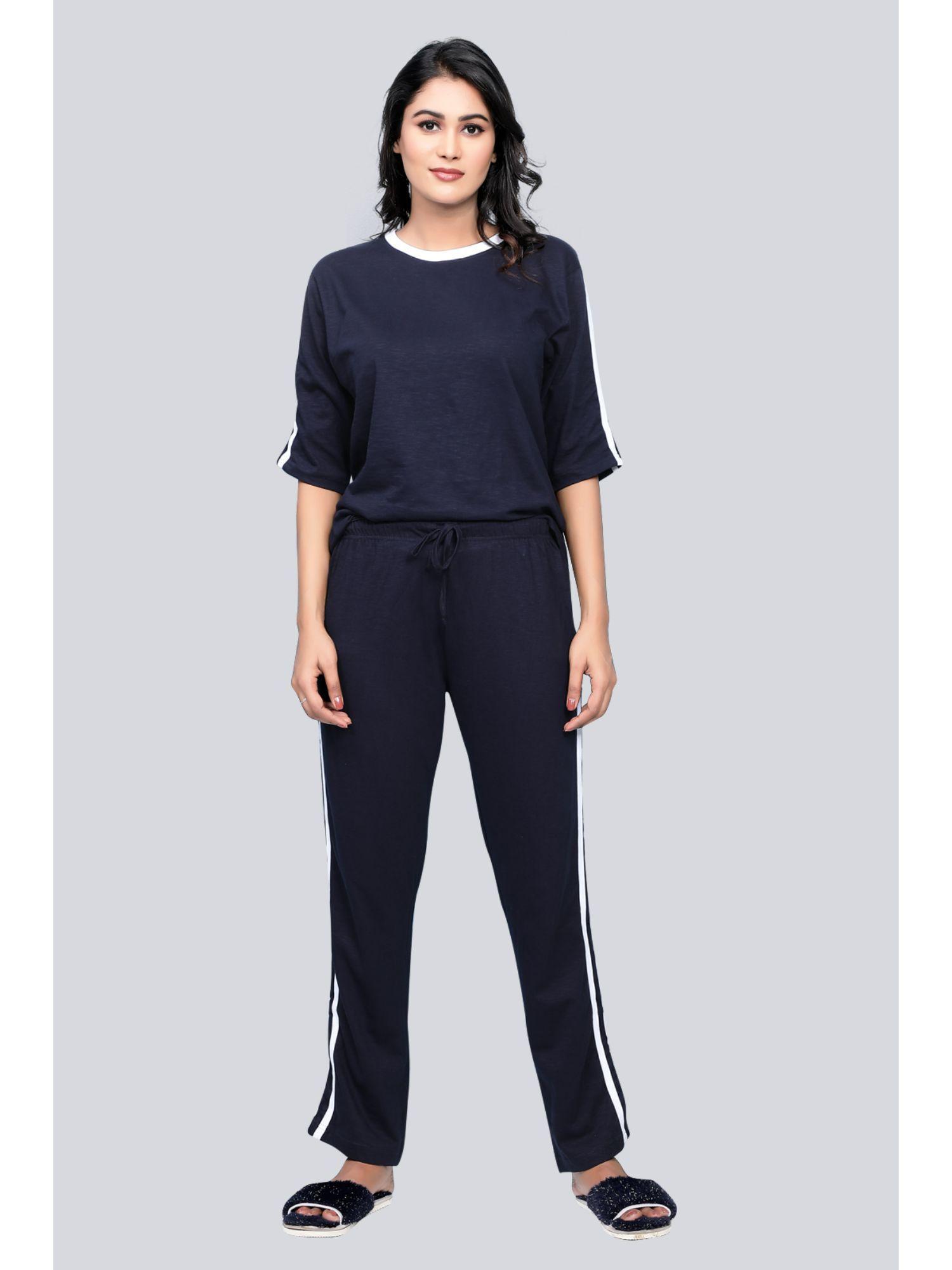 women cotton knitted t-shirt & pyjama night suit - navy blue (set of 2)