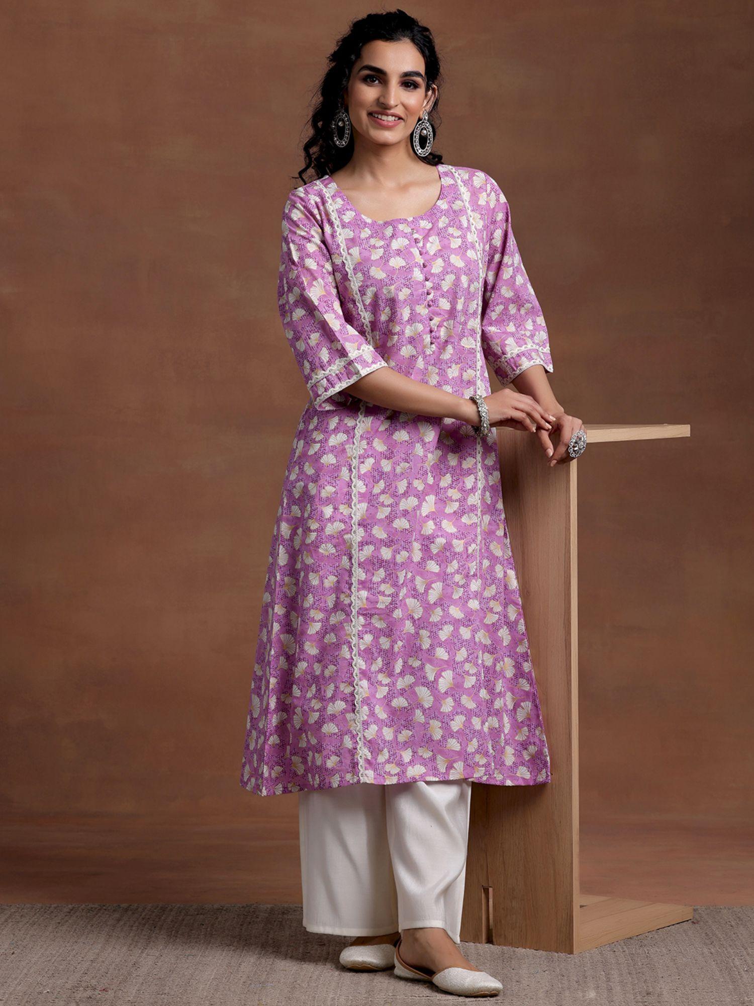 women cotton lavender floral printed kurta