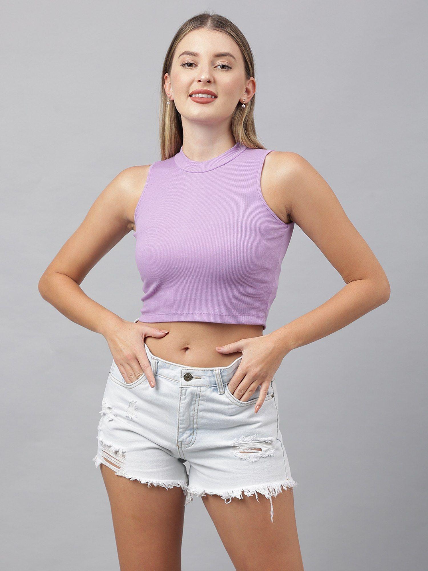 women cotton lavender solid crew neck crop top