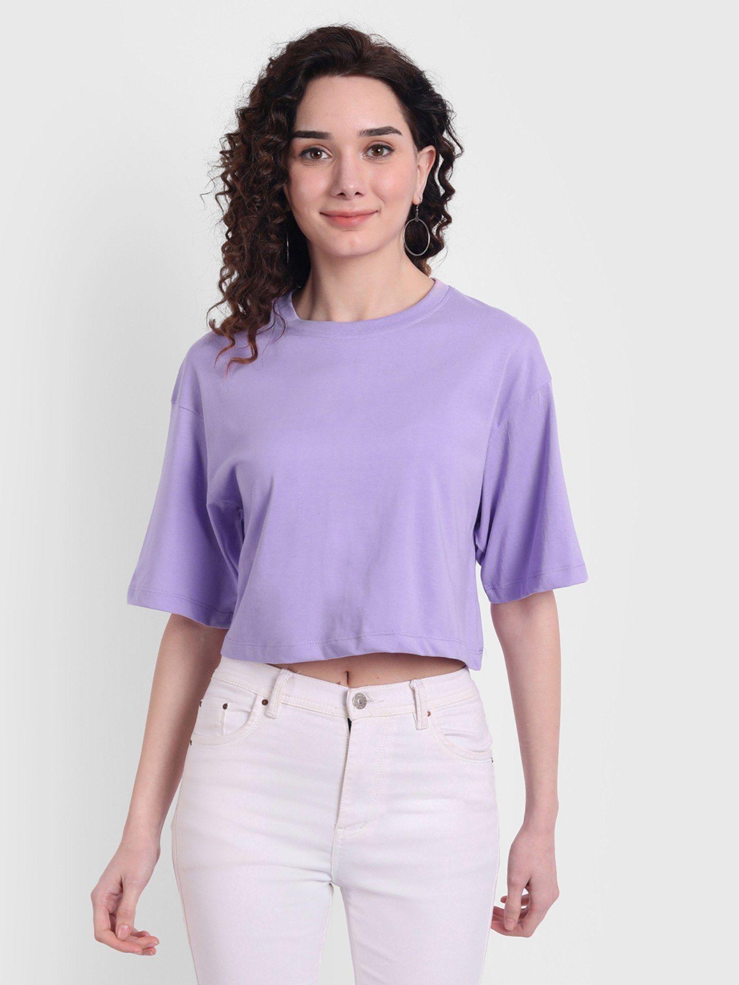 women cotton lavender solid cropped t-shirt