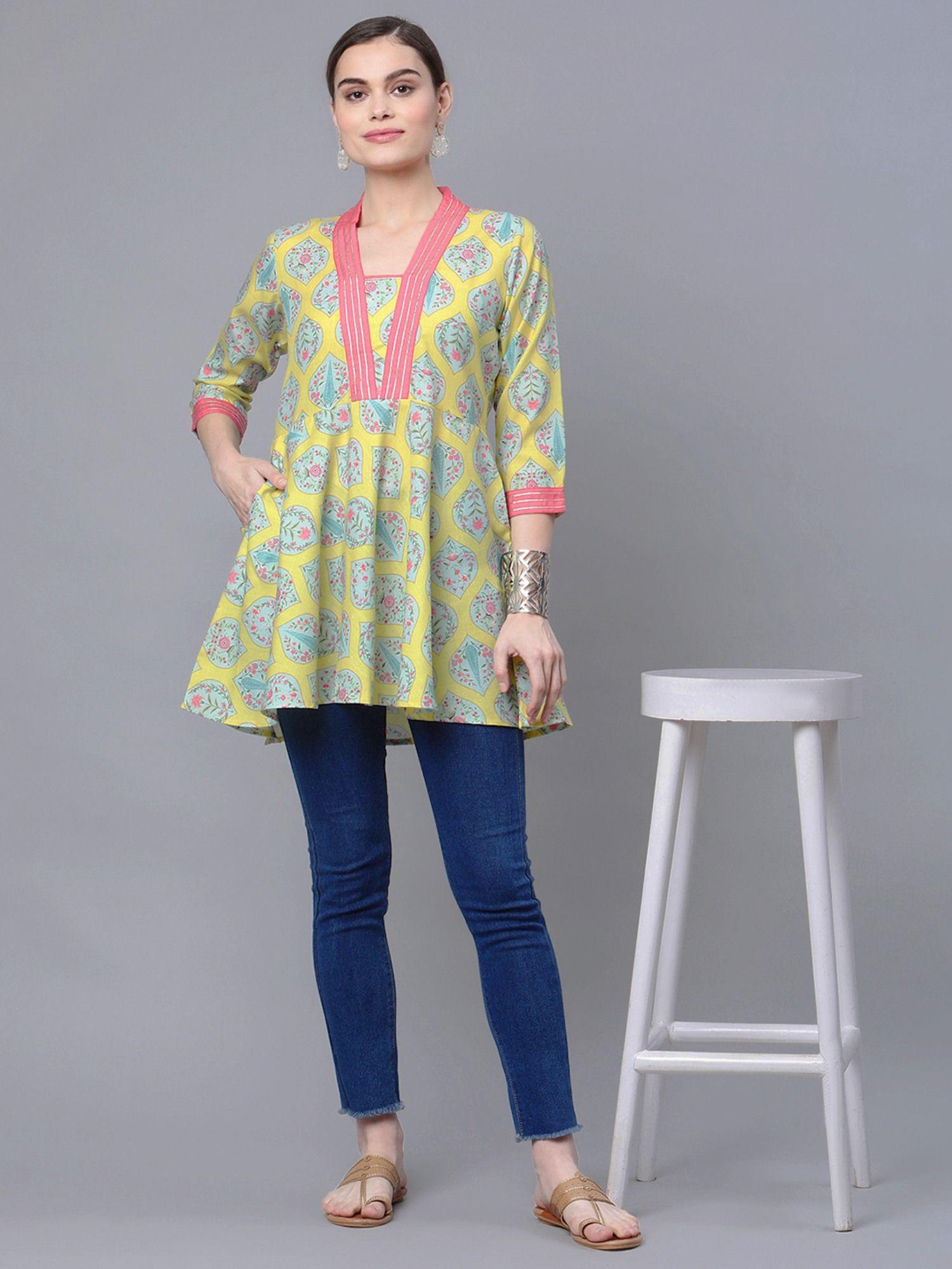 women cotton lemmon yellow digital printed tunic