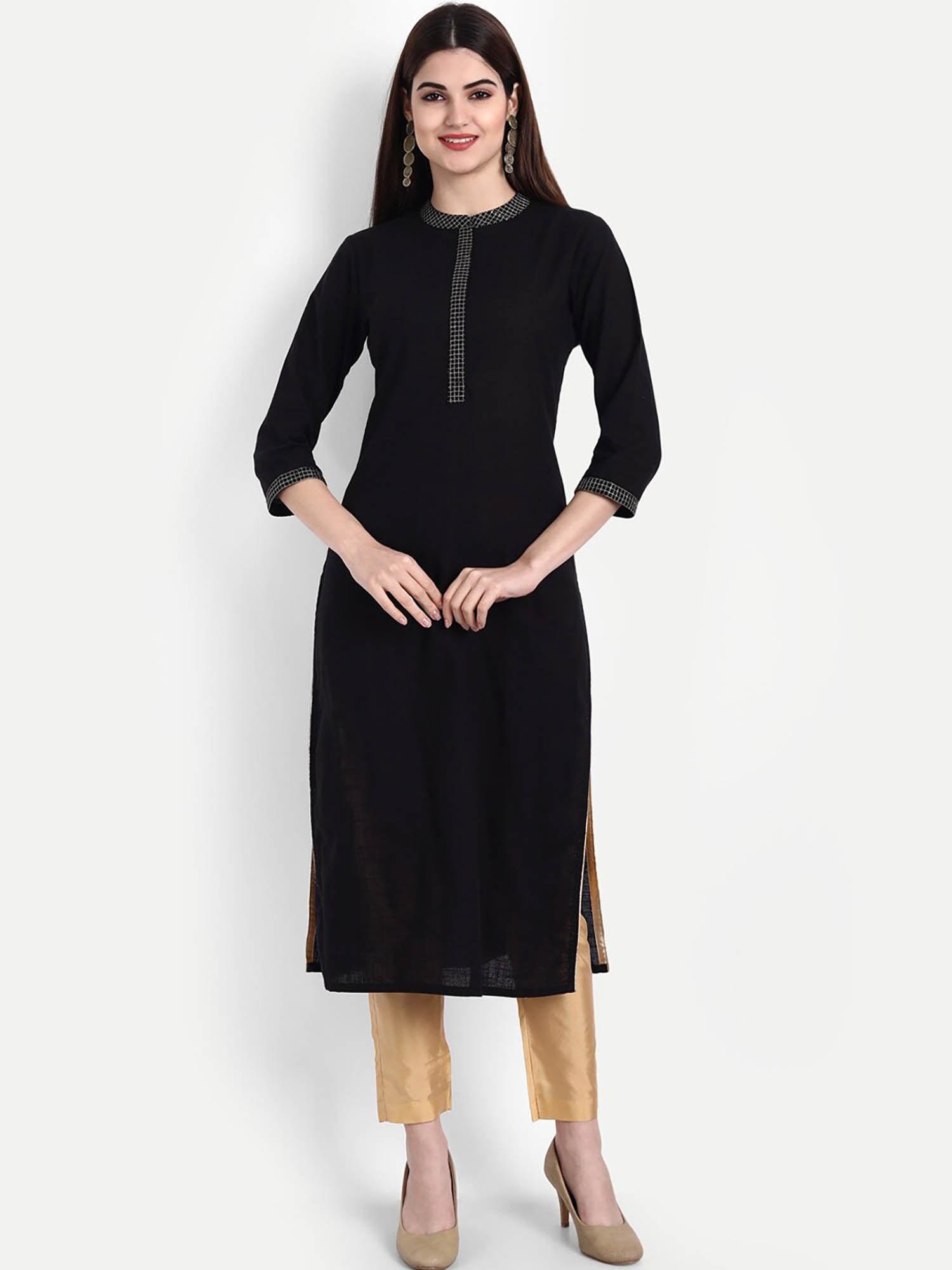 women cotton long kurta with zari work black