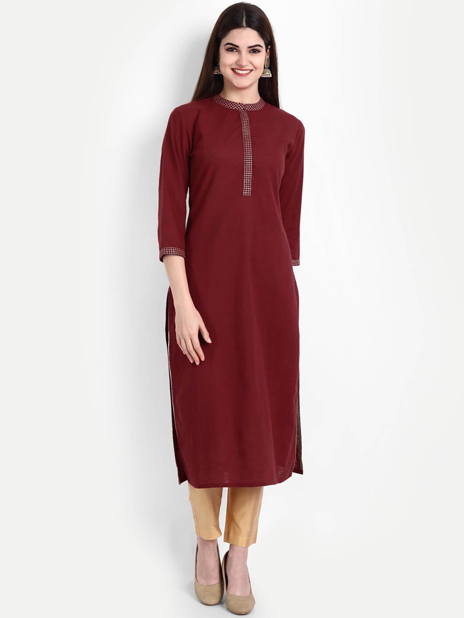 women cotton long kurta with zari work maroon