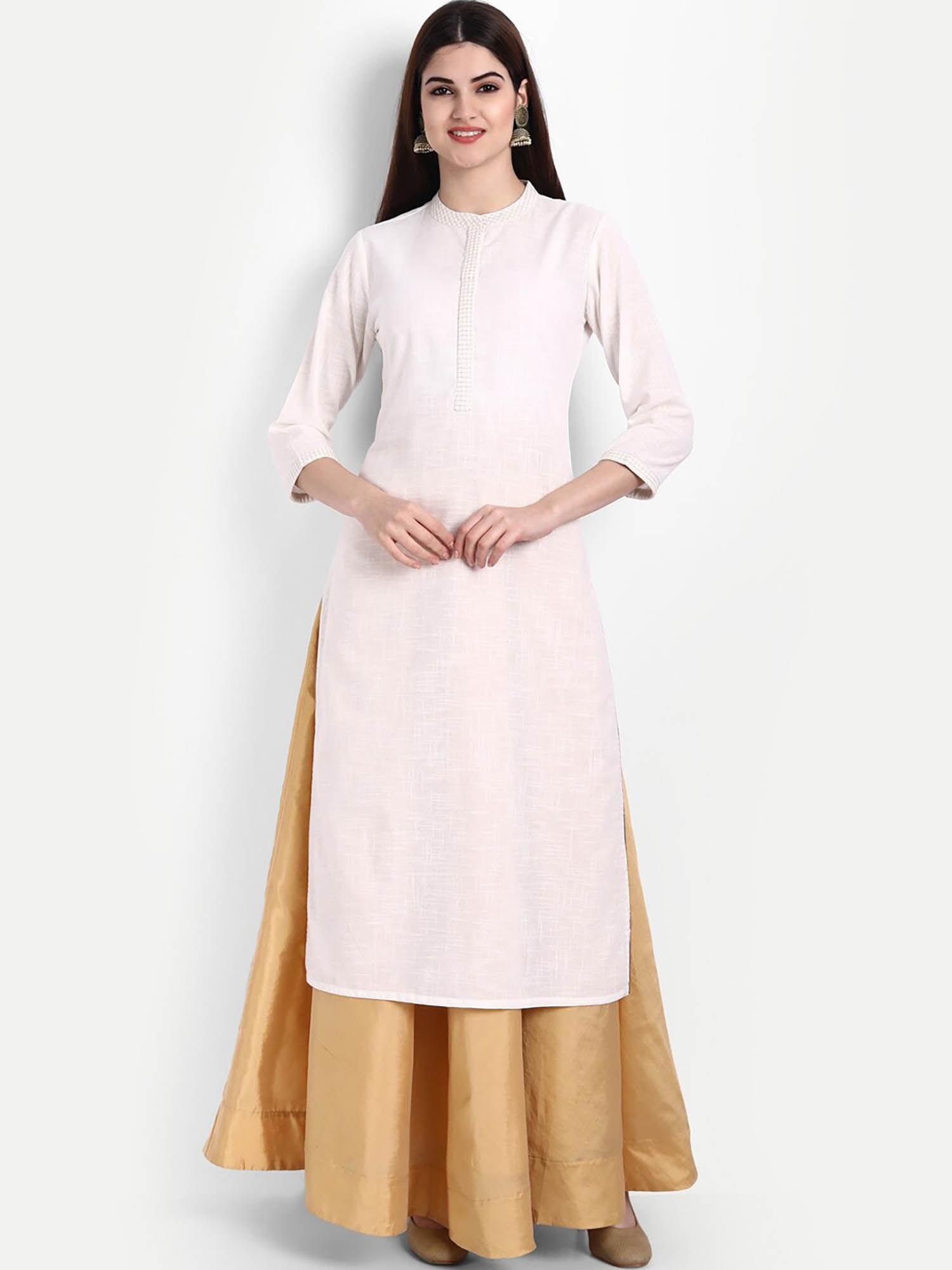 women cotton long kurta with zari work off white