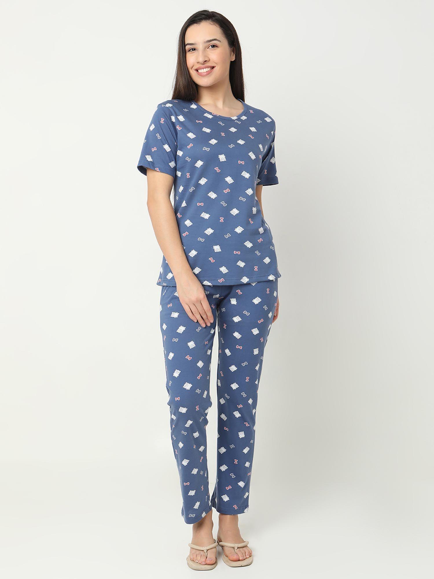 women cotton lycra blueteddy print night suit (set of 2)