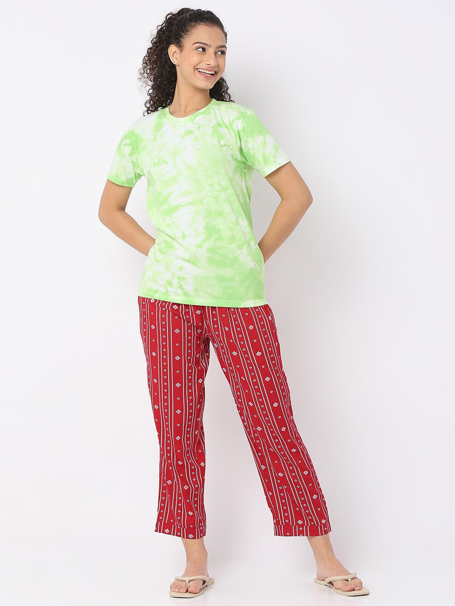 women cotton lycra round neck t-shirt & aztec print pajama night suit (set of 2)