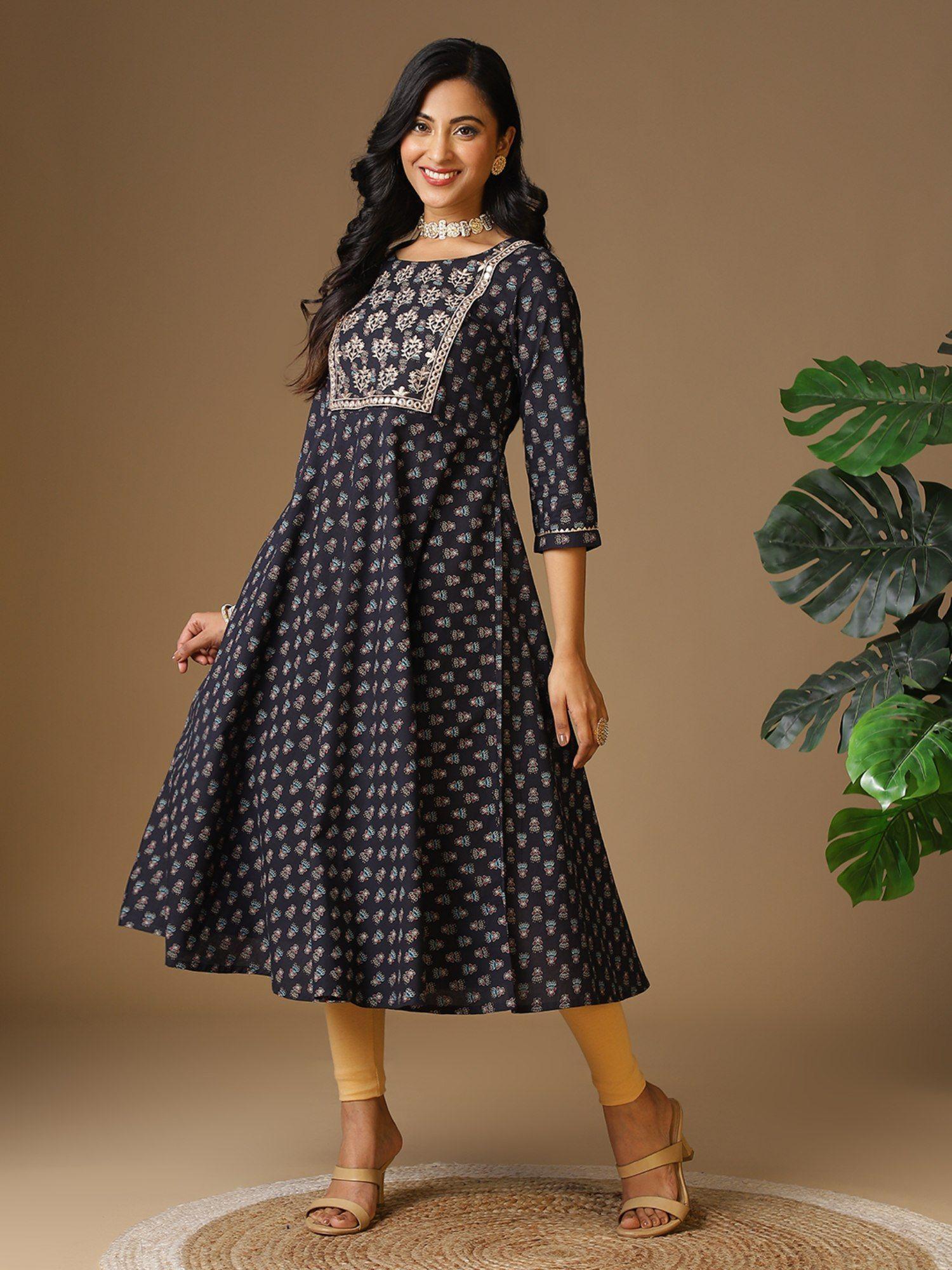 women cotton navy blue embroidered calf length anarkali kurta