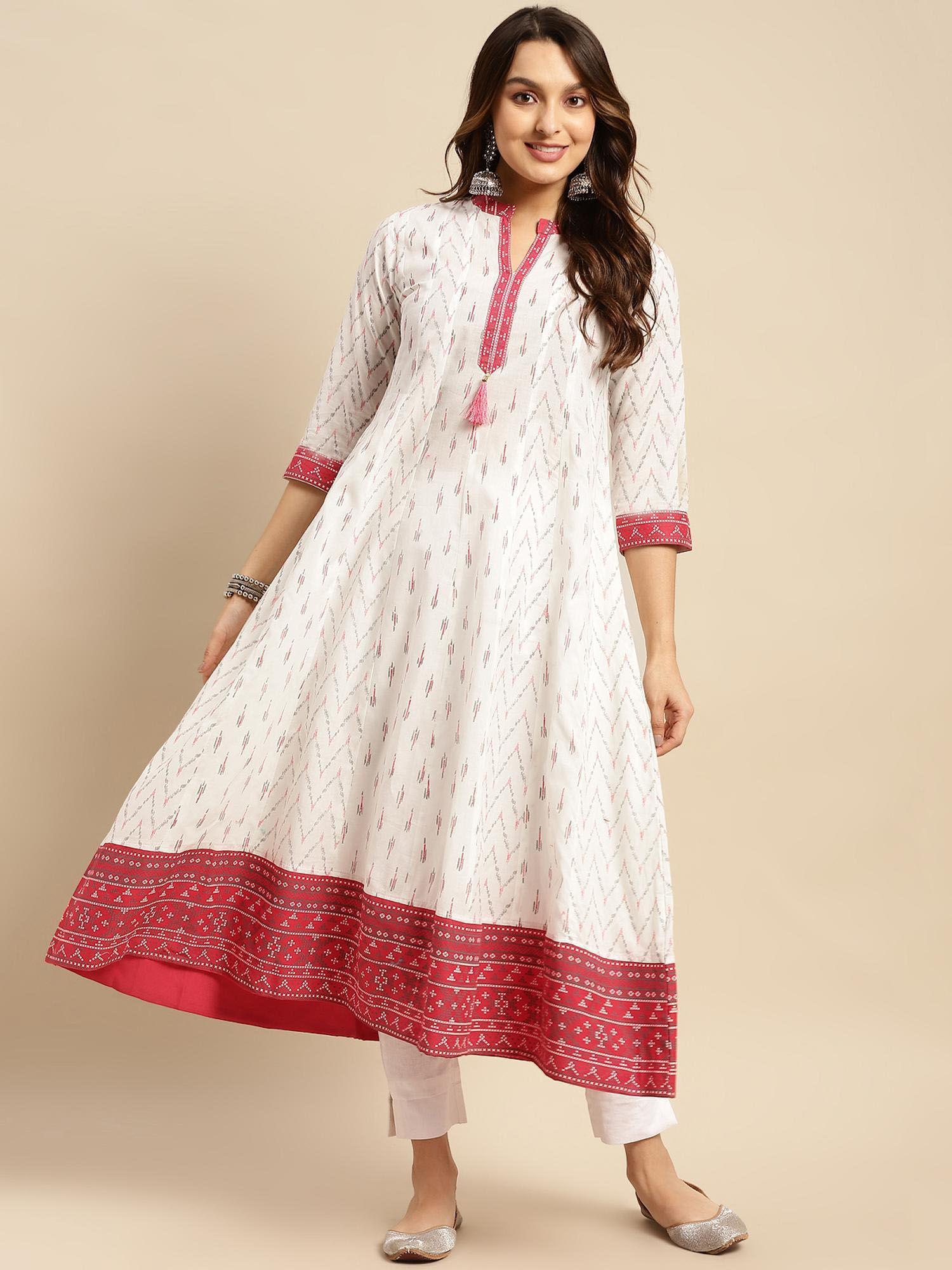 women cotton off white contrast placket ikat printed calf length anarkali kurta