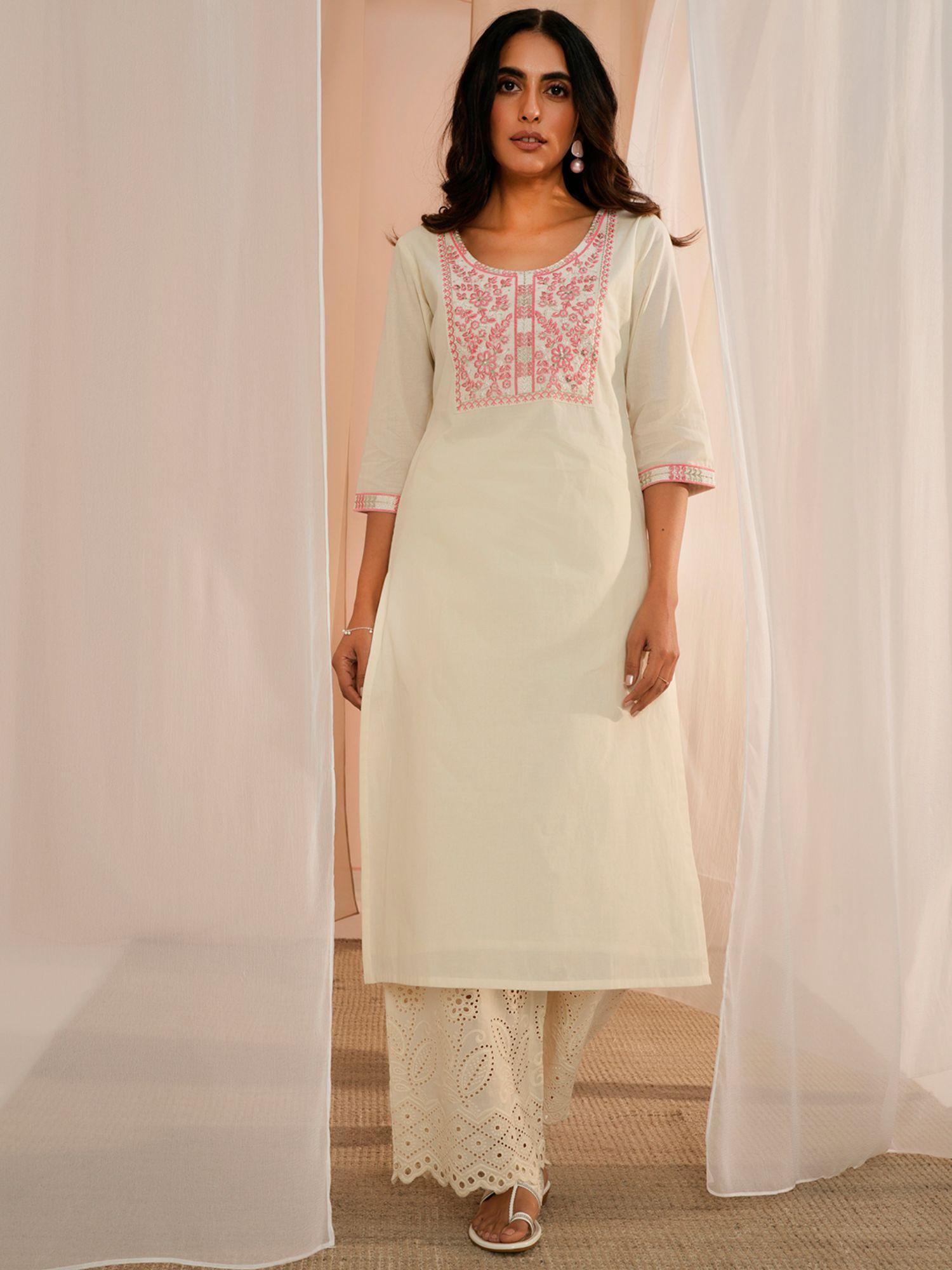 women cotton off white embroidered kurta