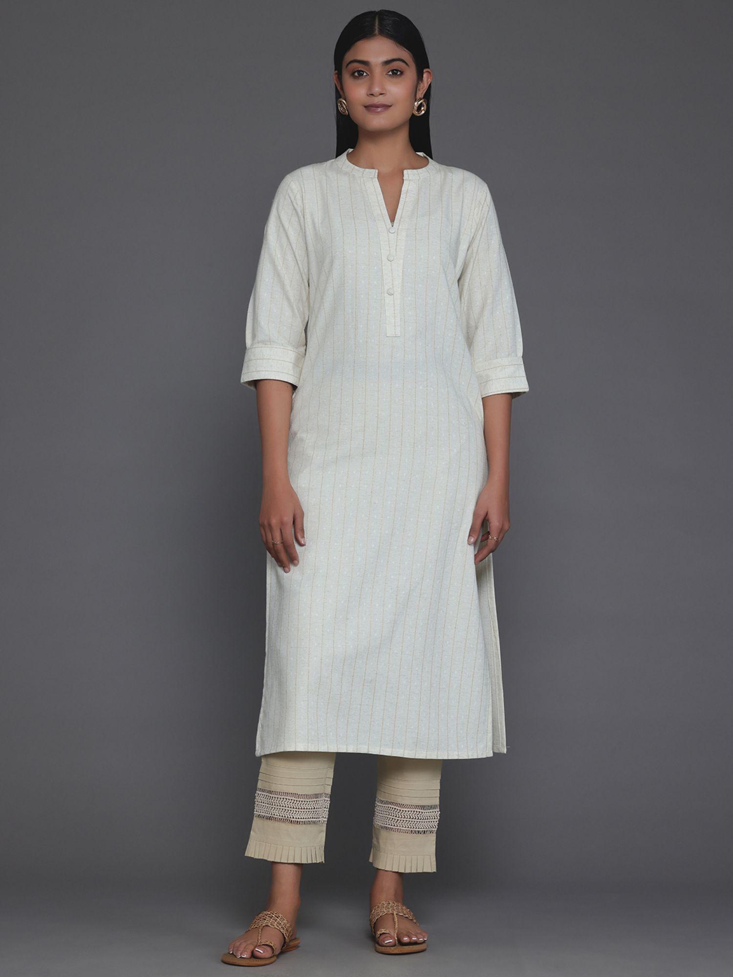 women cotton off white stripes kurta