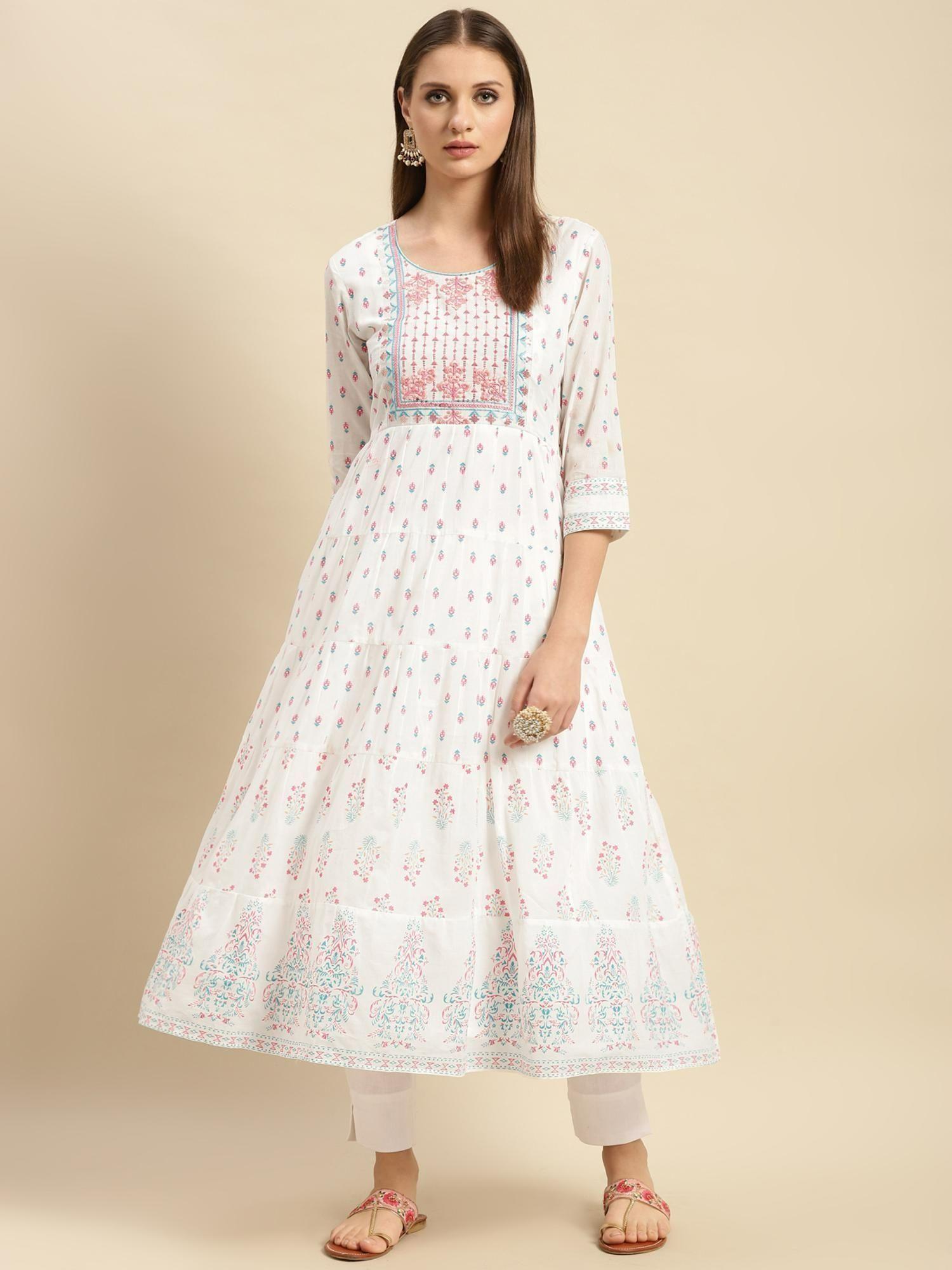 women cotton off white yoke embroidered printed calf length anarkali kurta