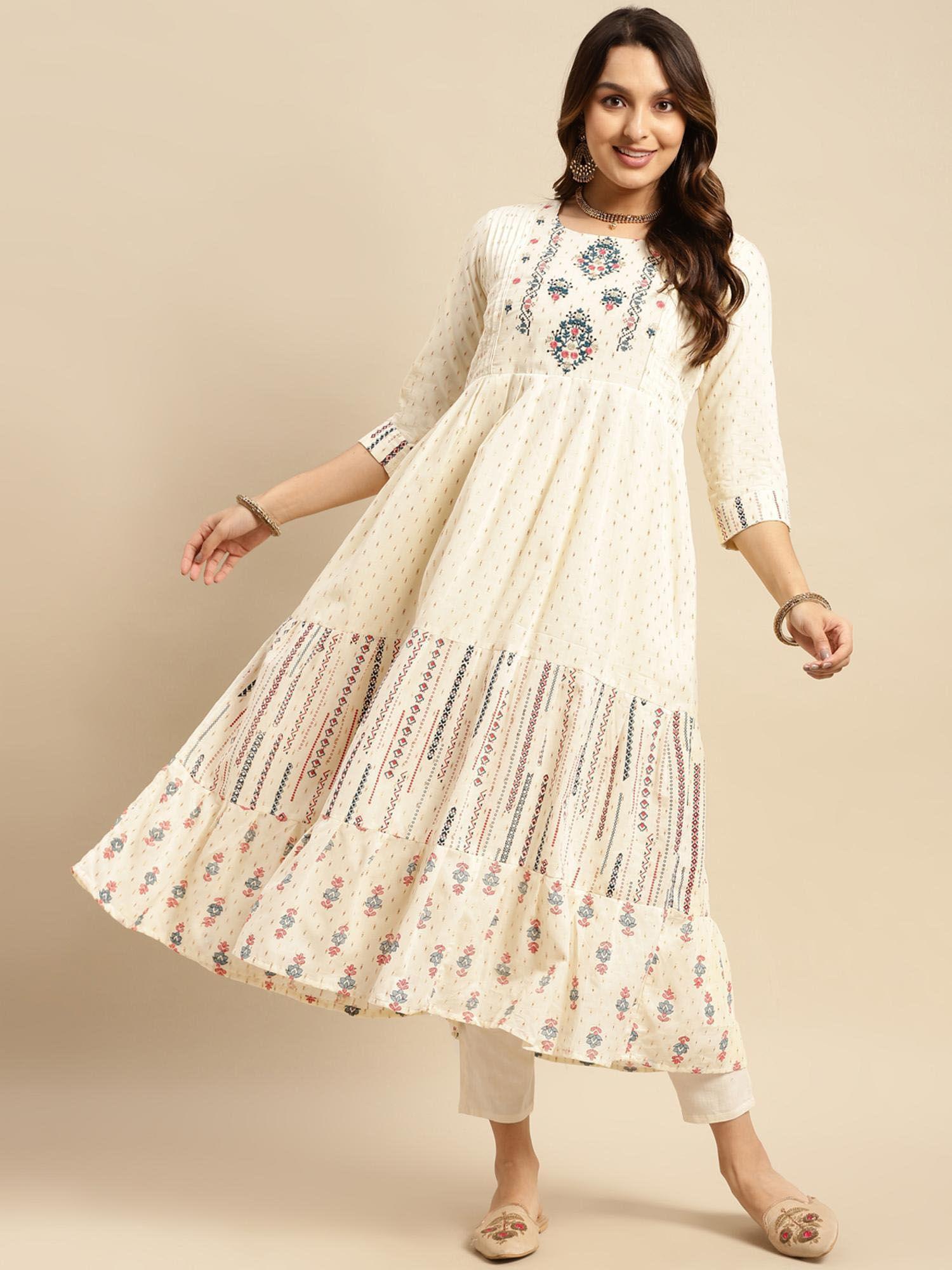 women cotton off white yoke embroidered self textured calf length anarkali kurta