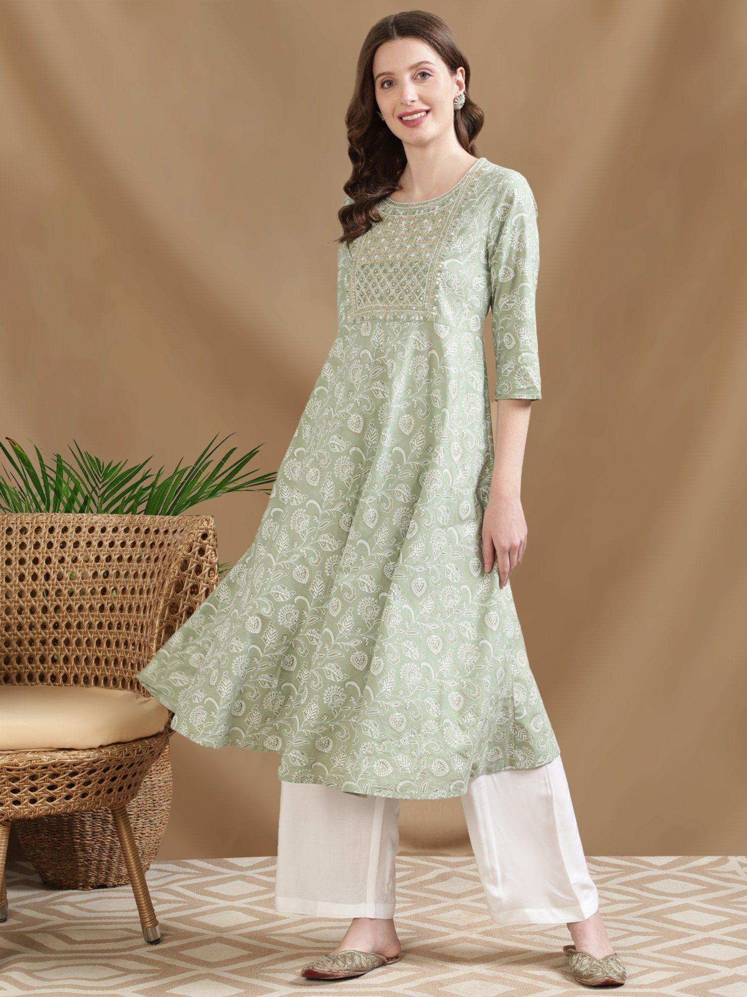 women cotton olive embroidered calf length flared kurta