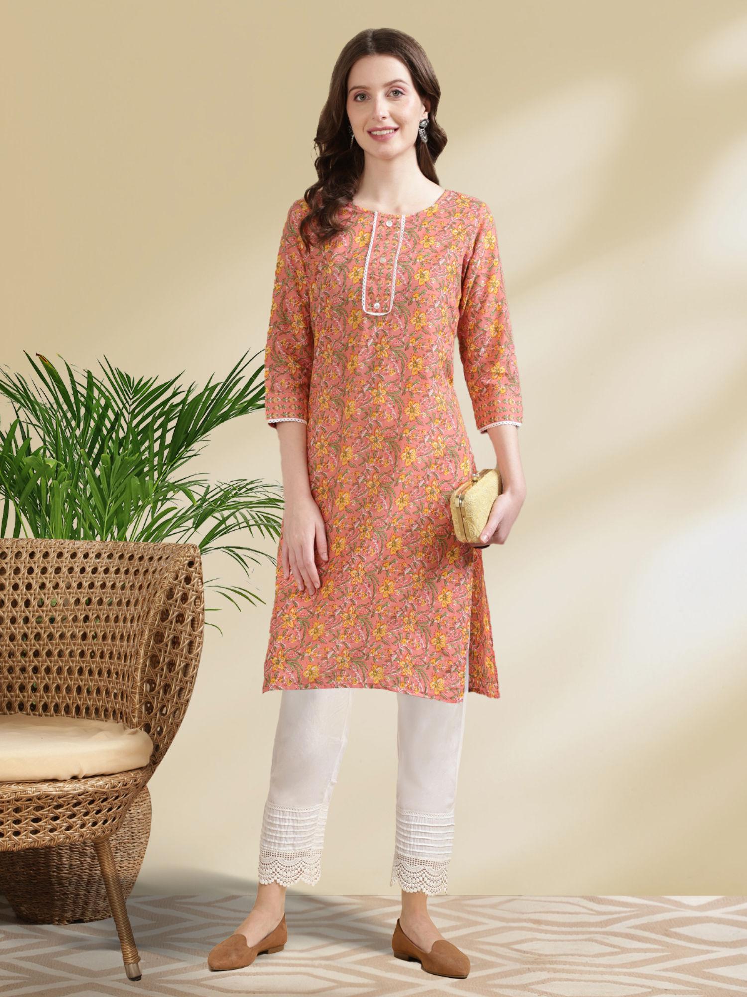 women cotton peach printed knee length straight kurti with pant (set of 2)