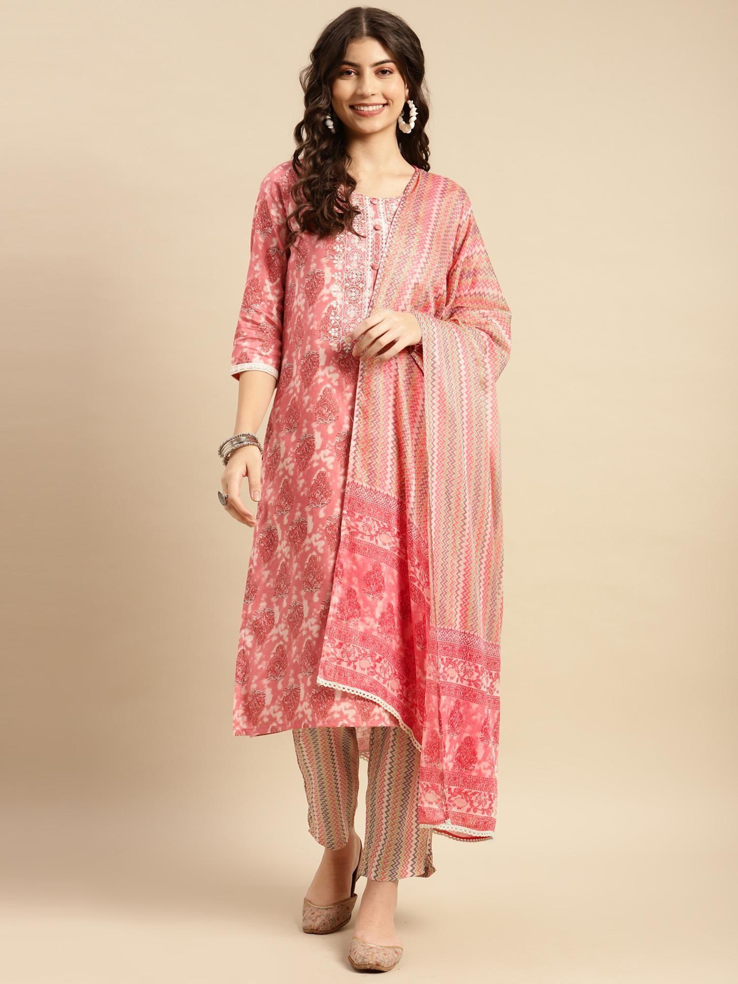 women cotton peach yoke embroidered print kurta with pant and dupatta (set of 3)