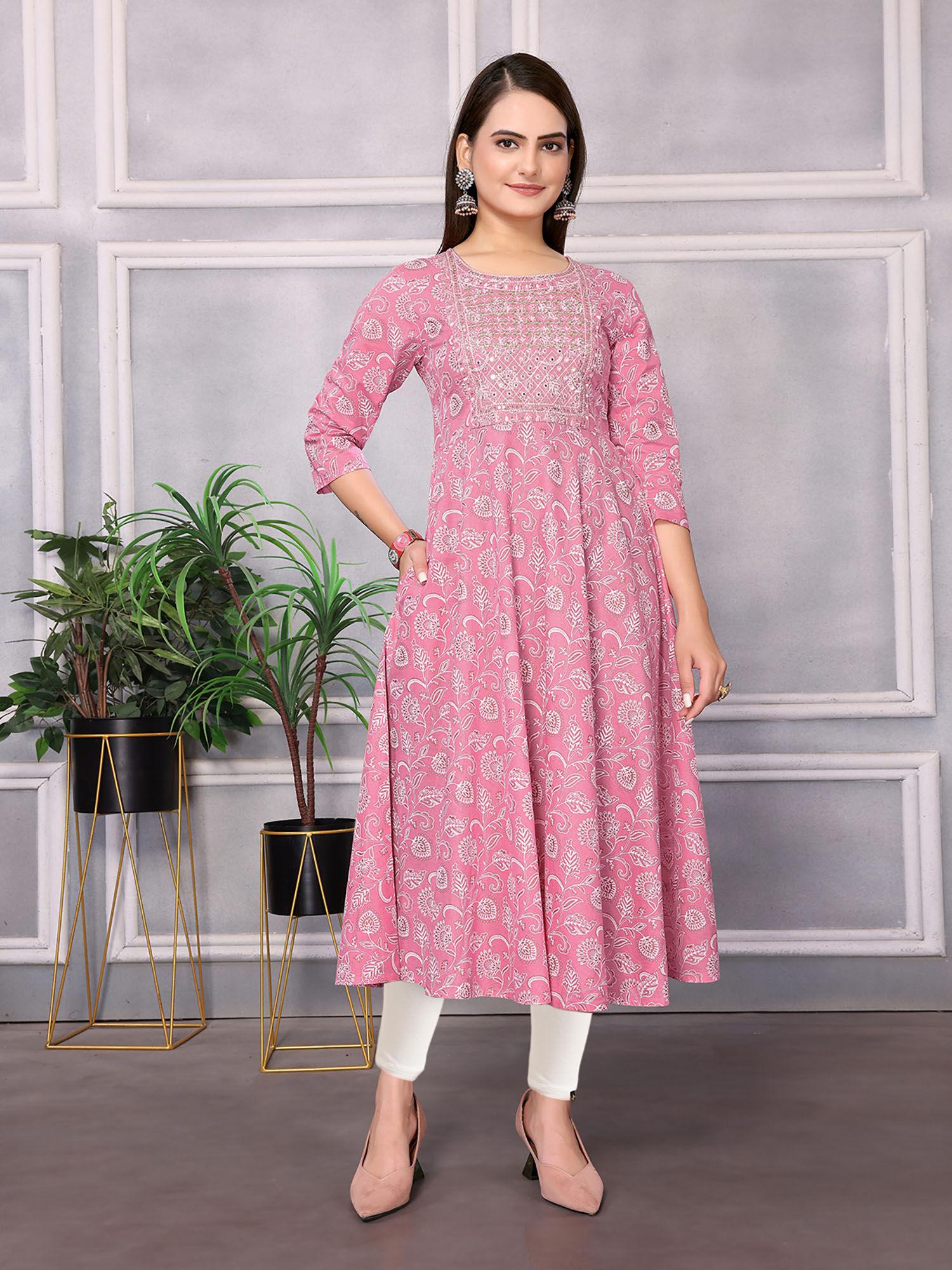 women cotton pink embroidered calf length flared kurta with leggings (set of 2)