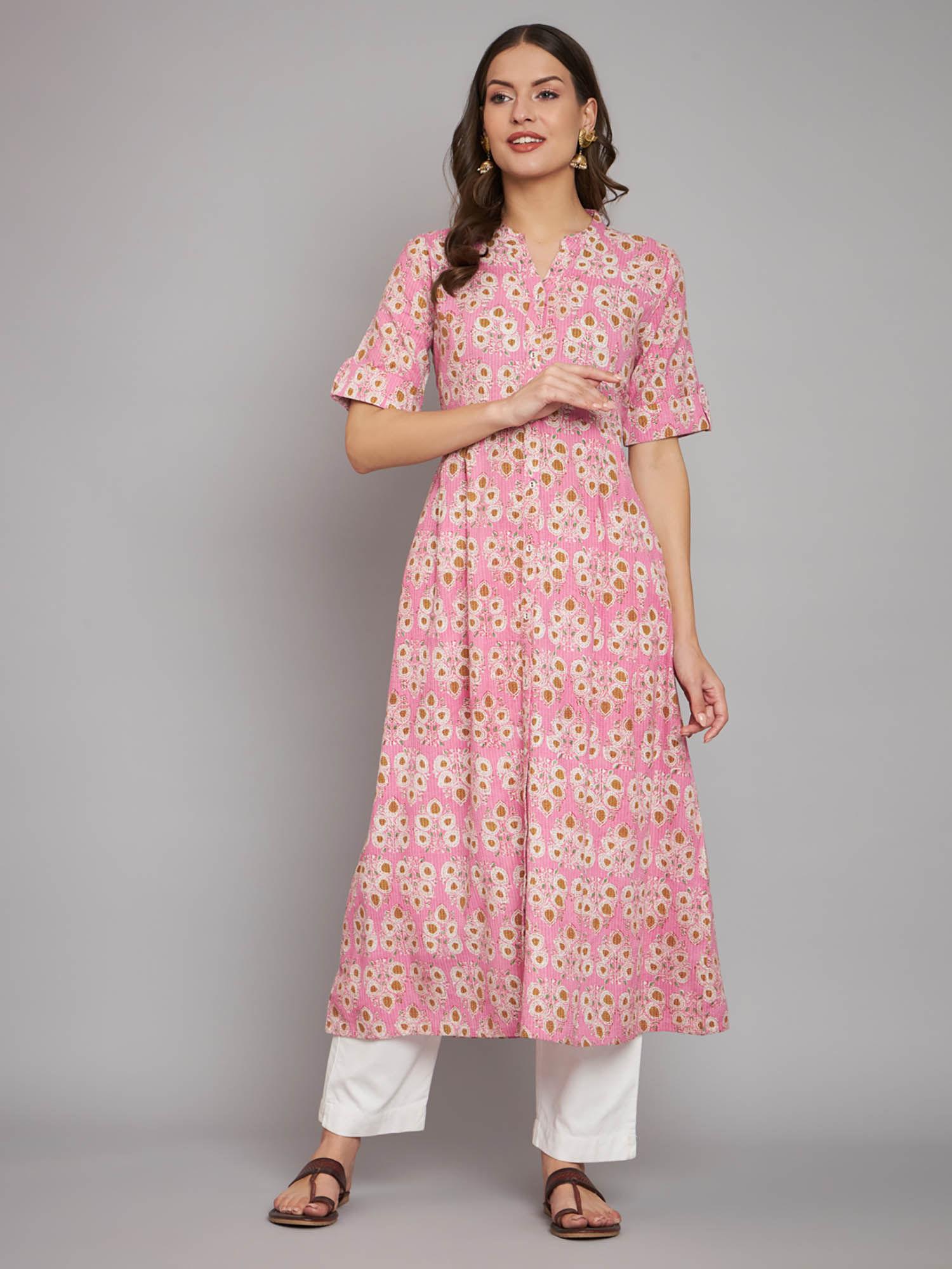 women cotton pink ethnic motif hand block printed a-line kurta