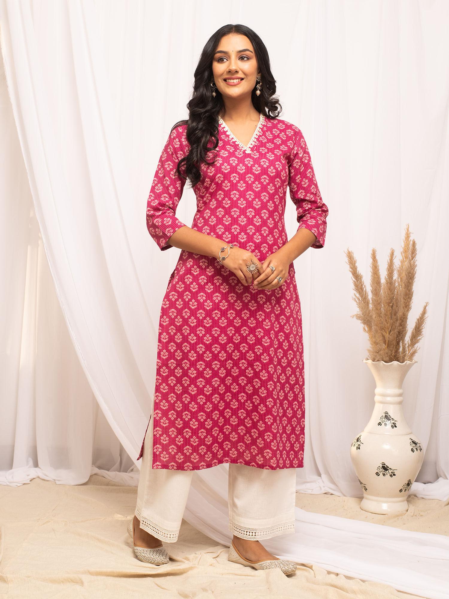 women cotton pink floral printed kurta