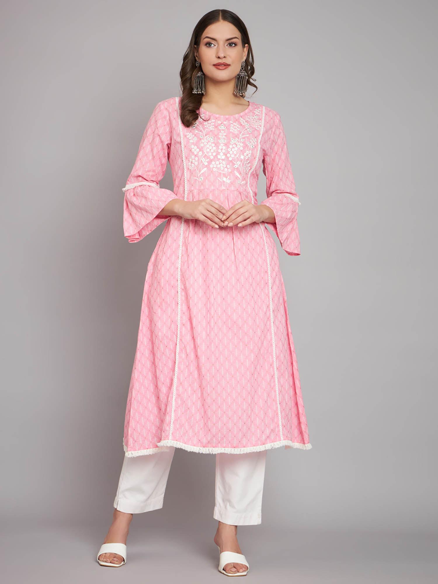 women cotton pink printed and embroidered a-line kurta