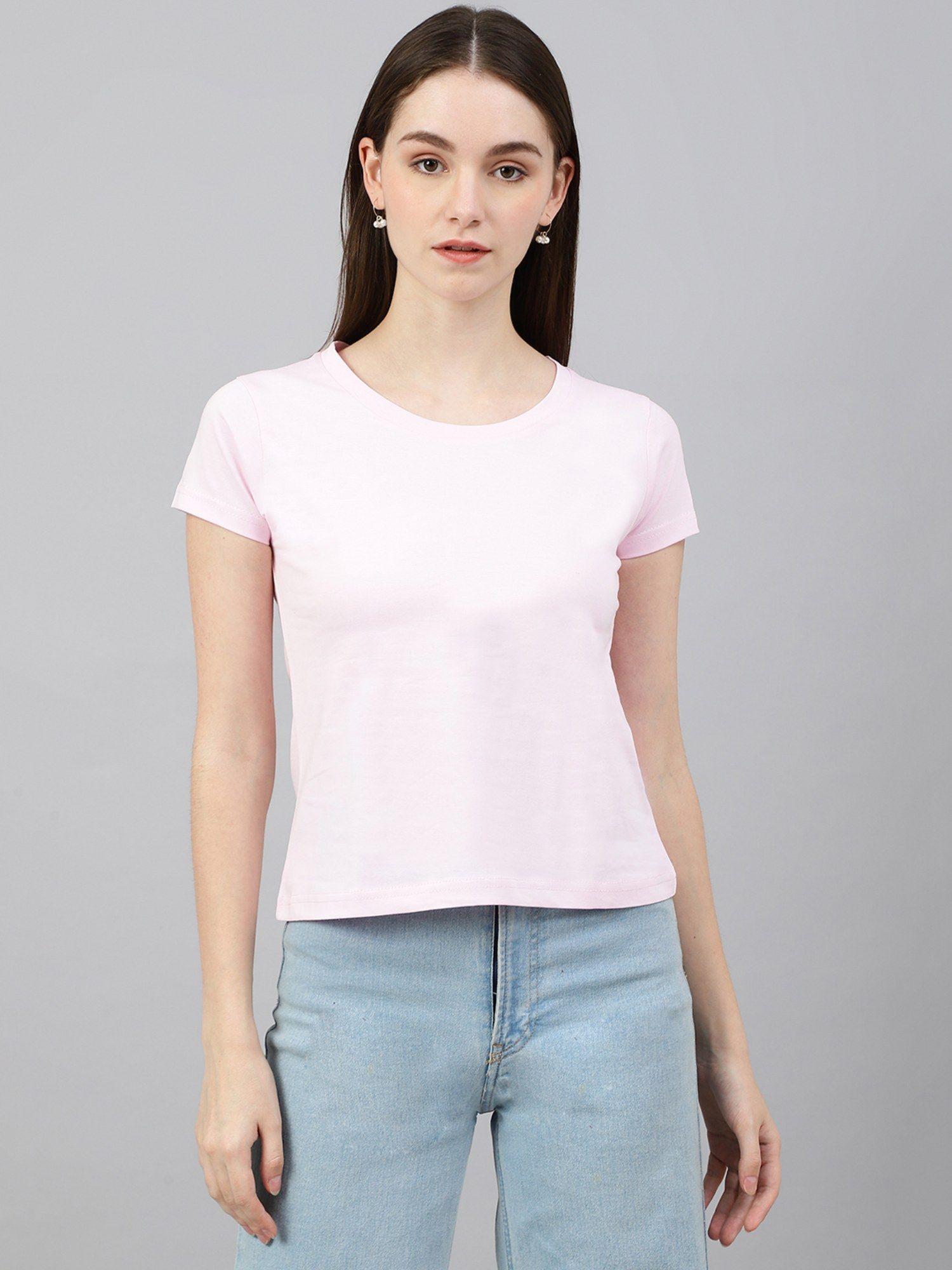 women cotton pink solid t-shirt