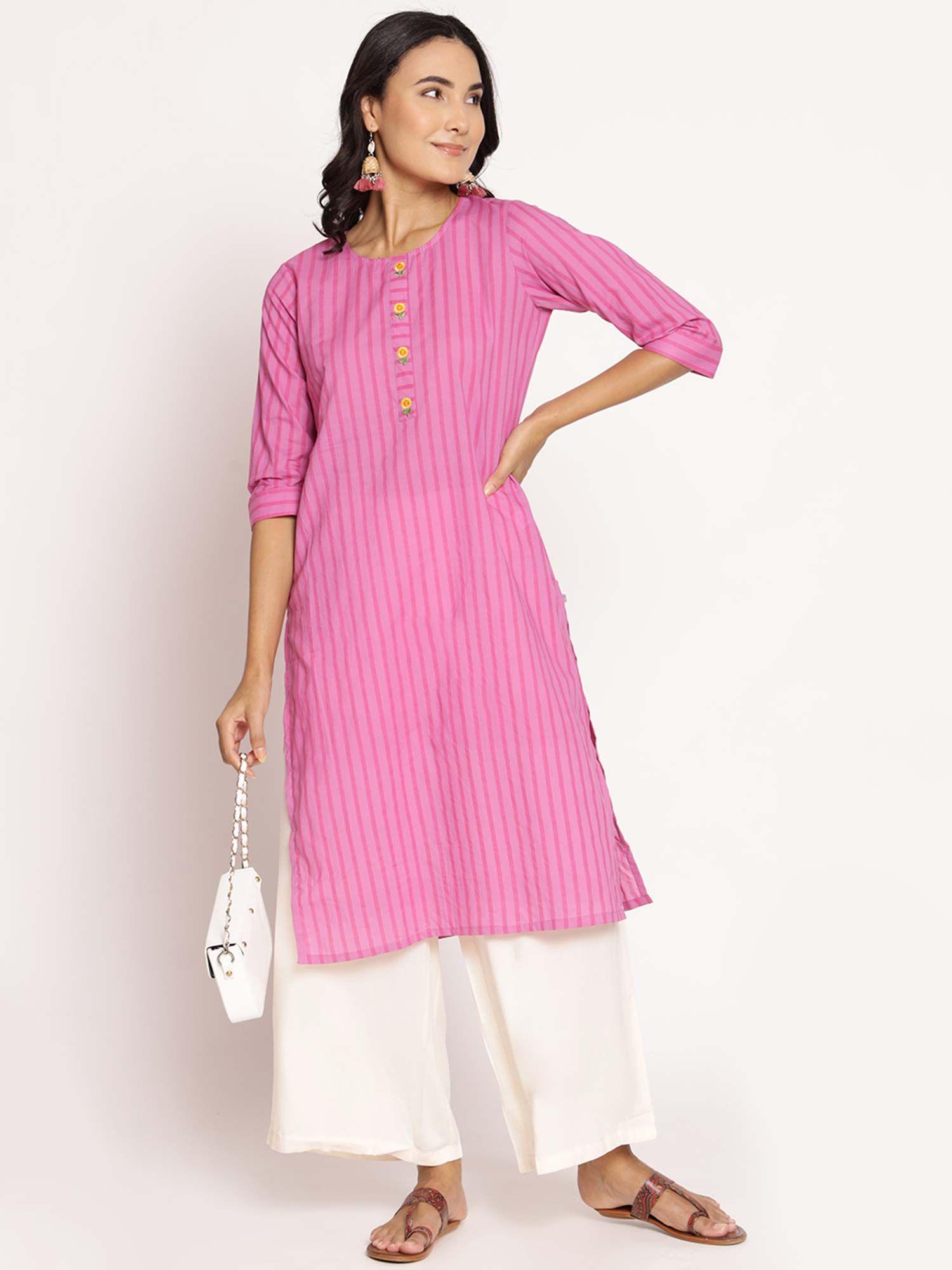 women cotton pink stripe printed kurta