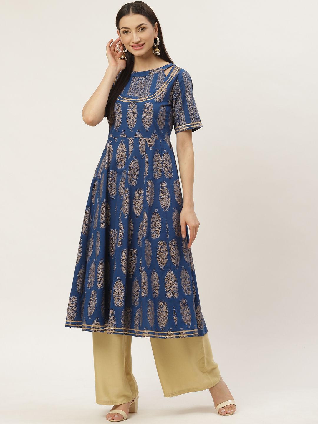 women cotton printed & gota work anarkali kurta blue