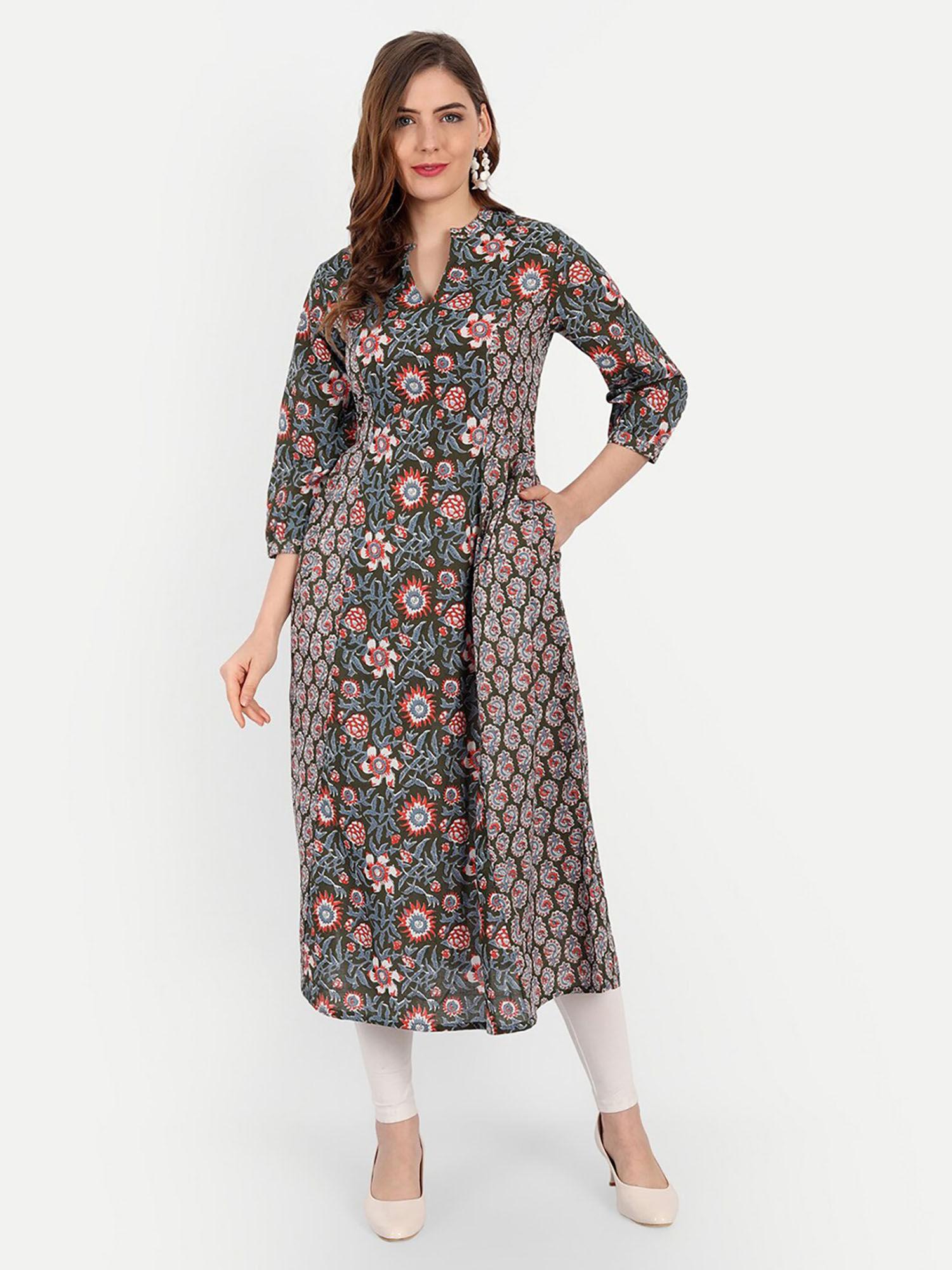 women cotton printed a line flared kurta - green