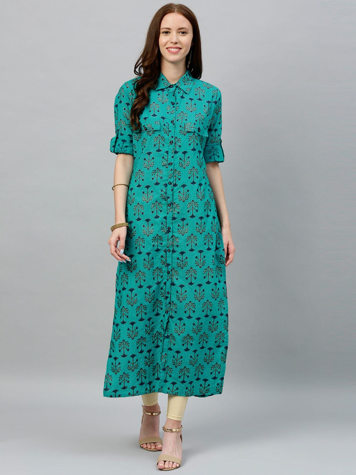 women cotton printed a-line kurta blue