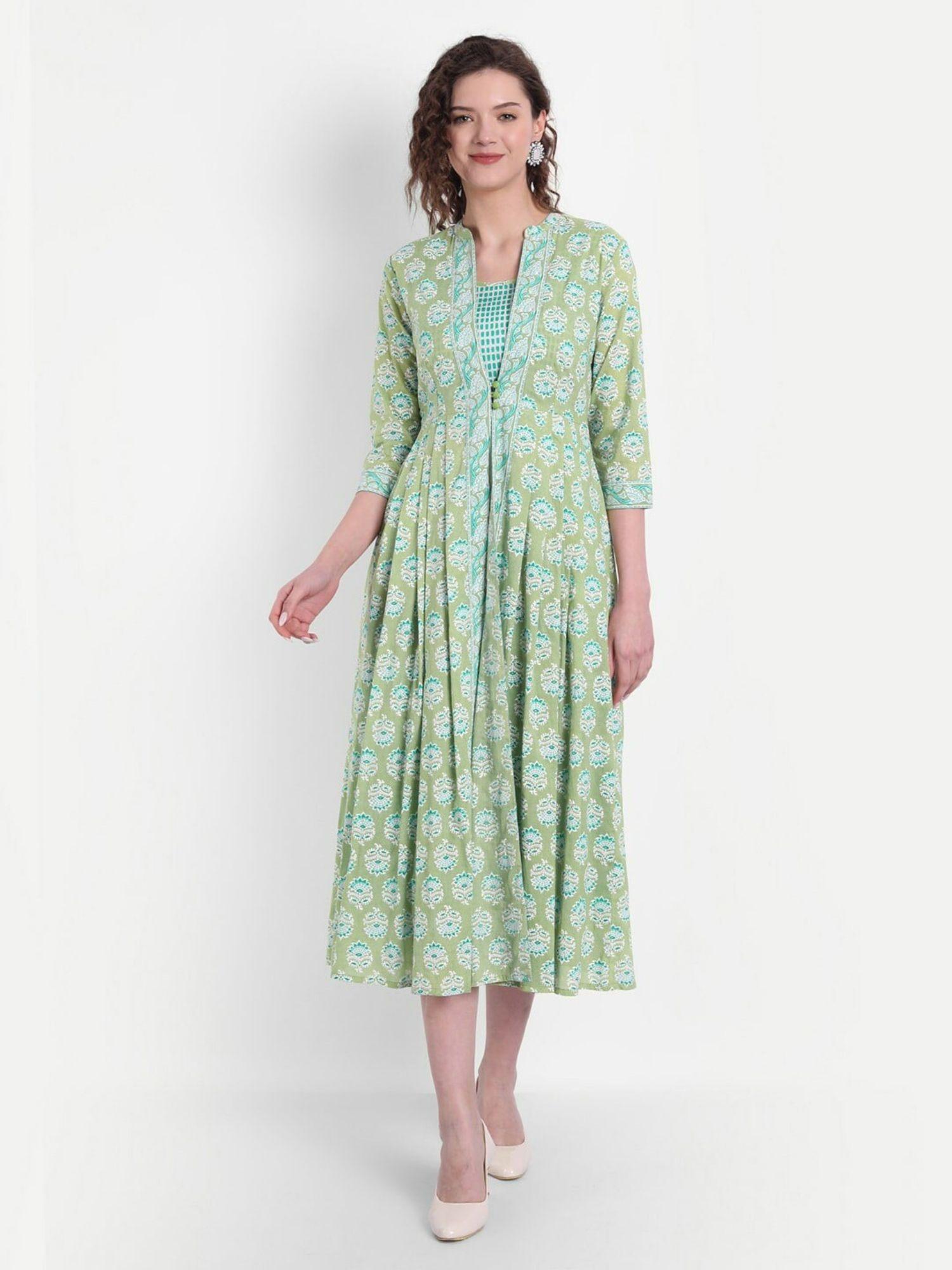 women cotton printed fit & flair dress green