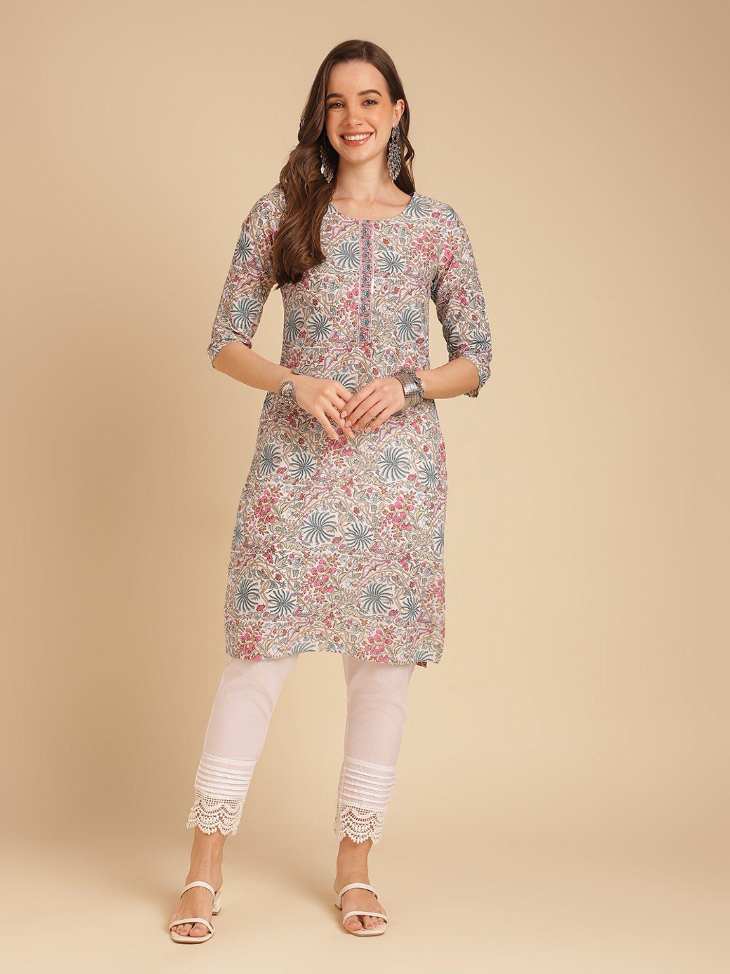 women cotton printed knee length straight kurta