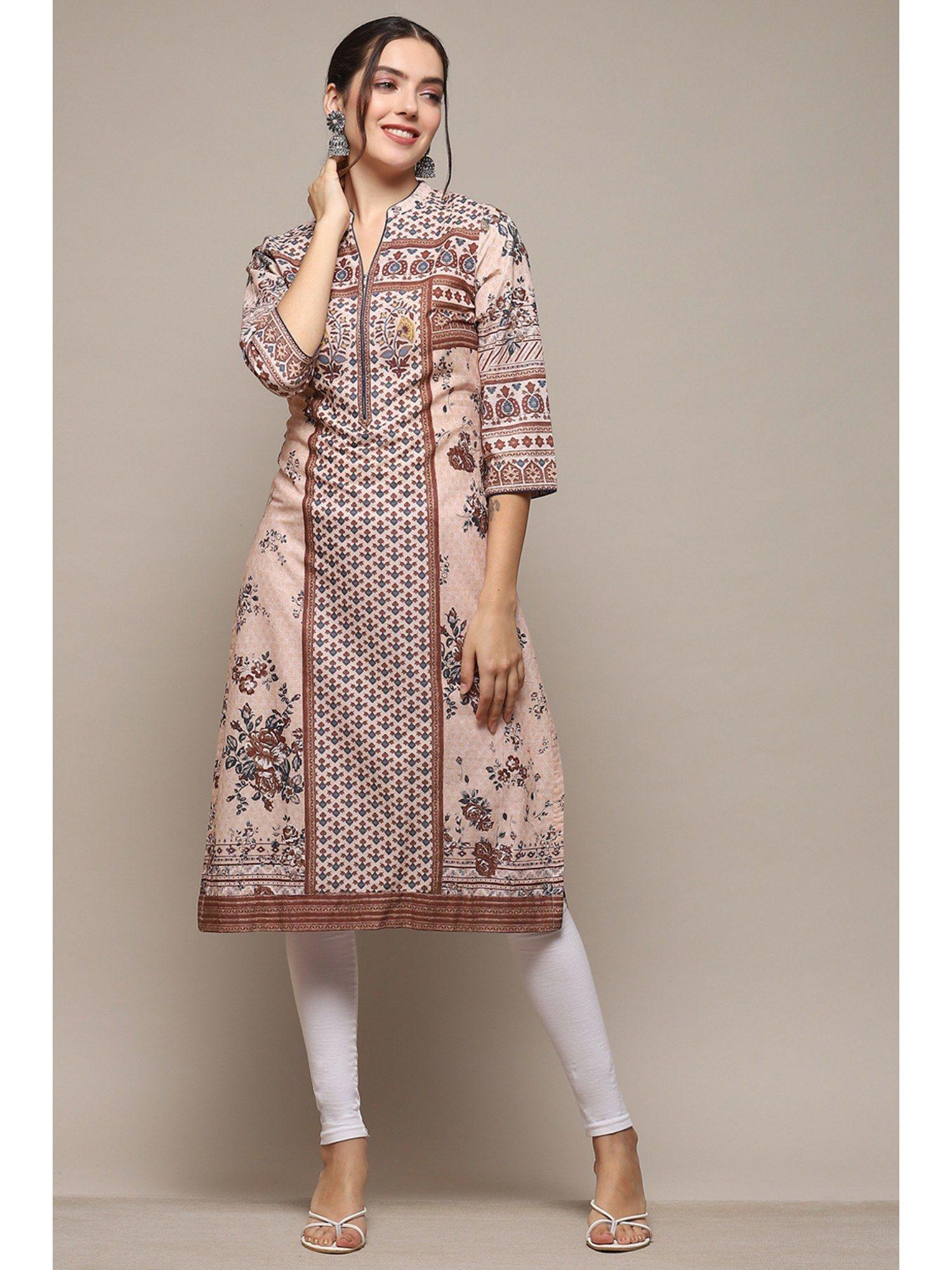 women cotton printed kurtas - beige