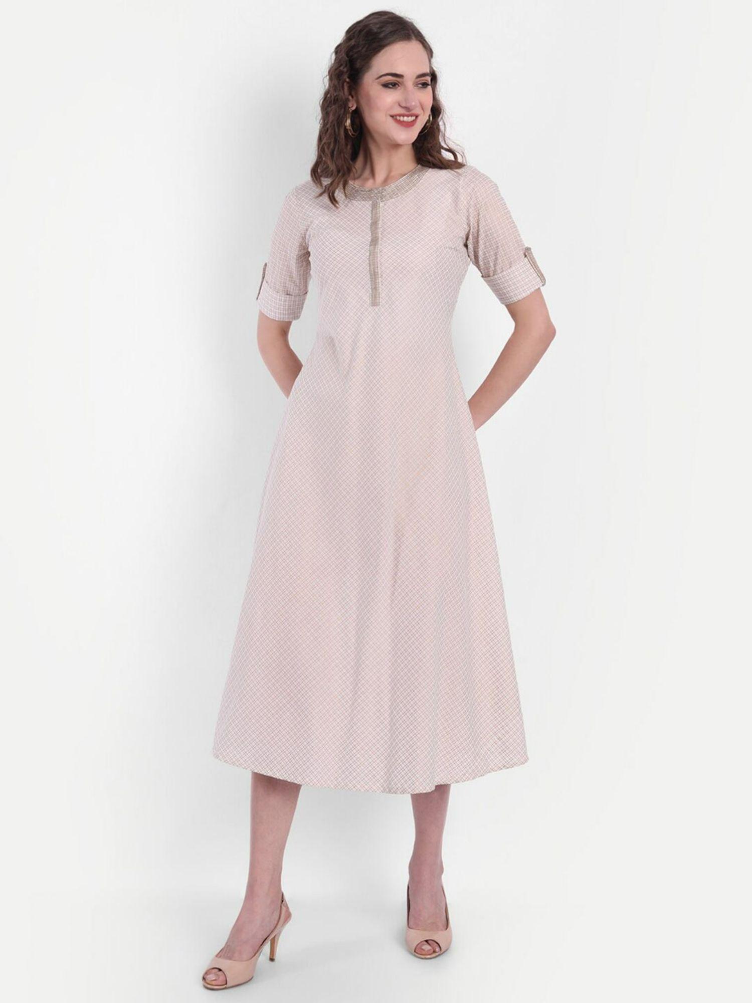 women cotton printed long dress offwhite