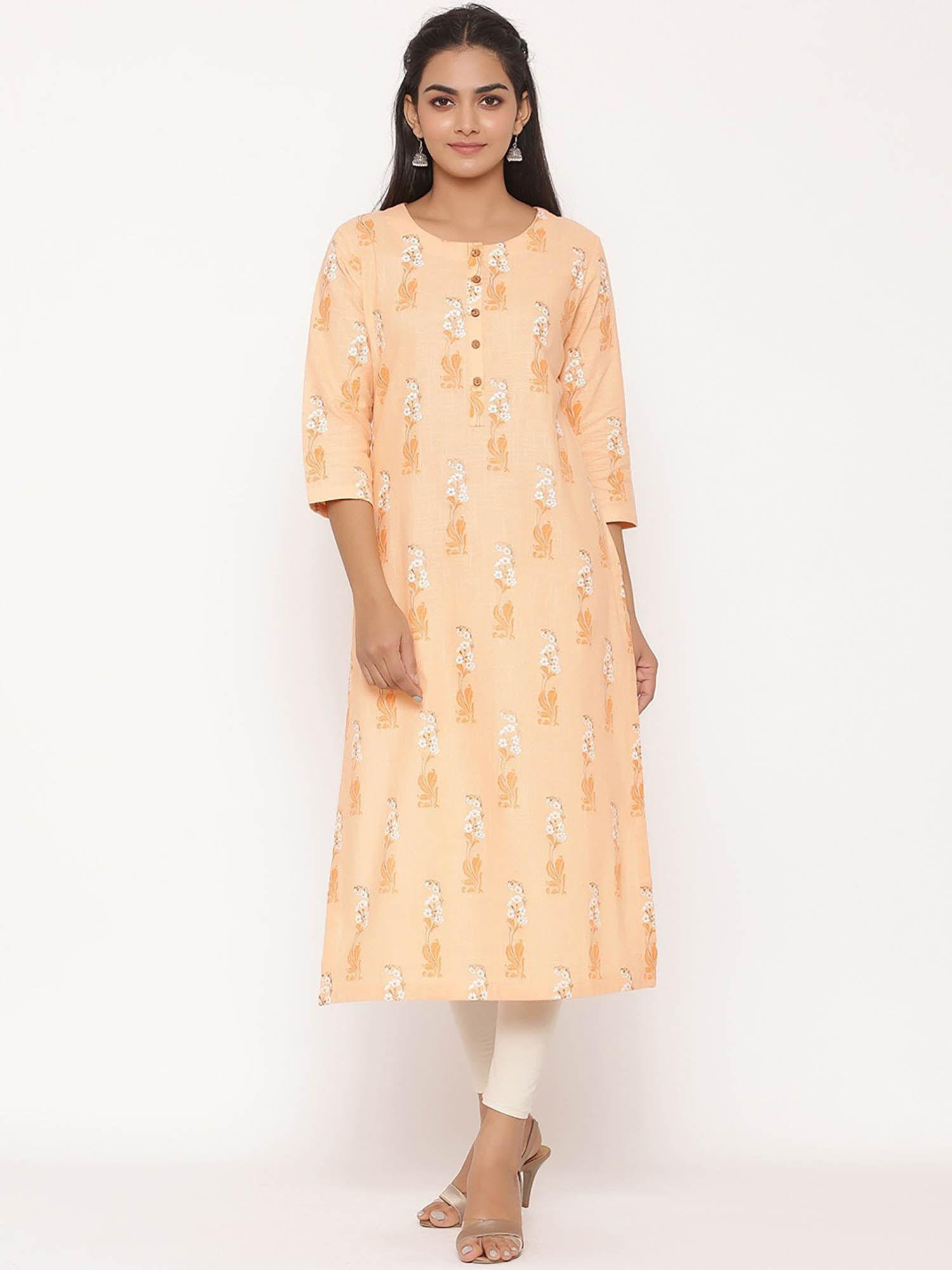 women cotton printed long kurta peach