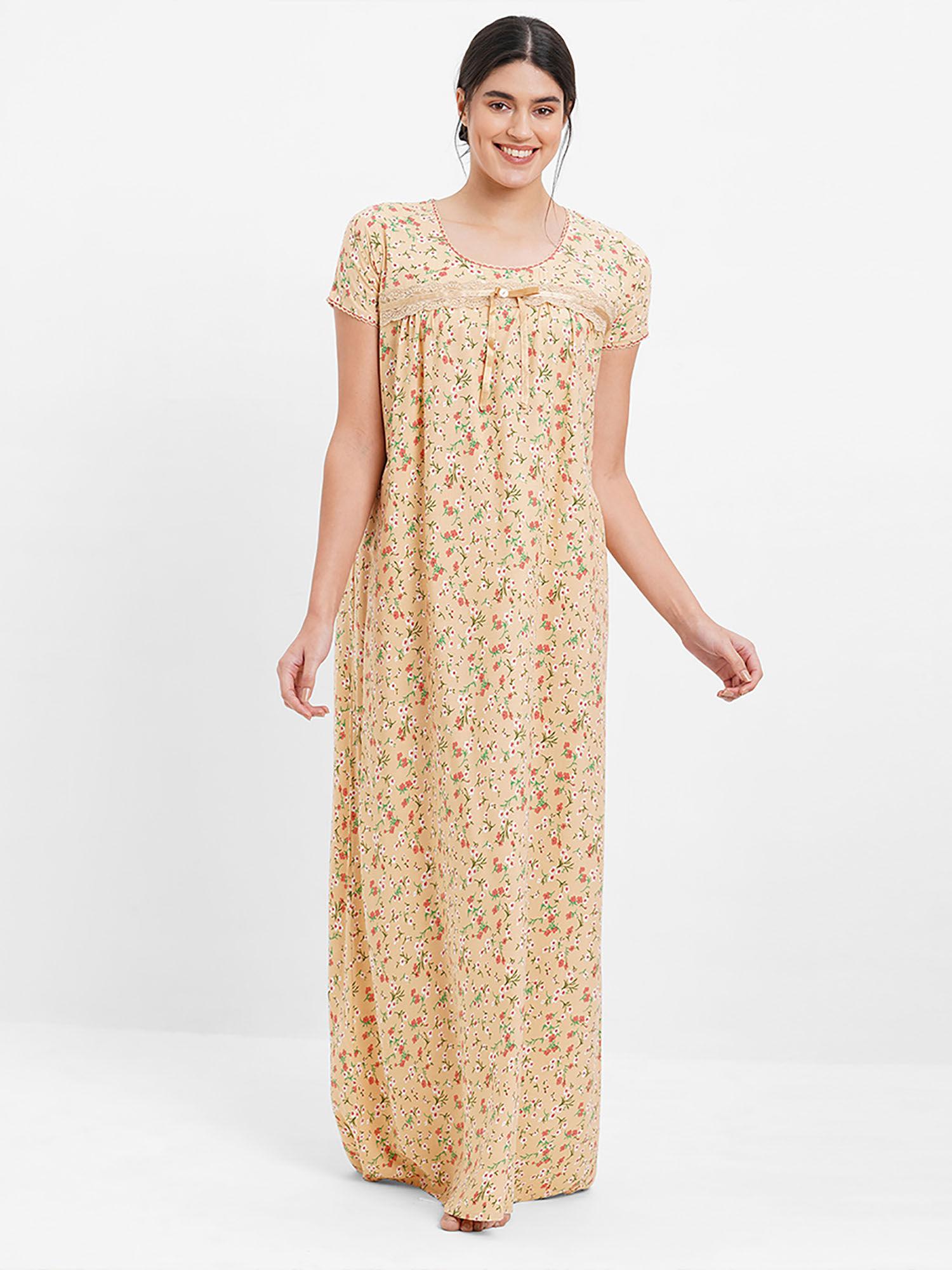 women cotton printed maxi nightdress - beige