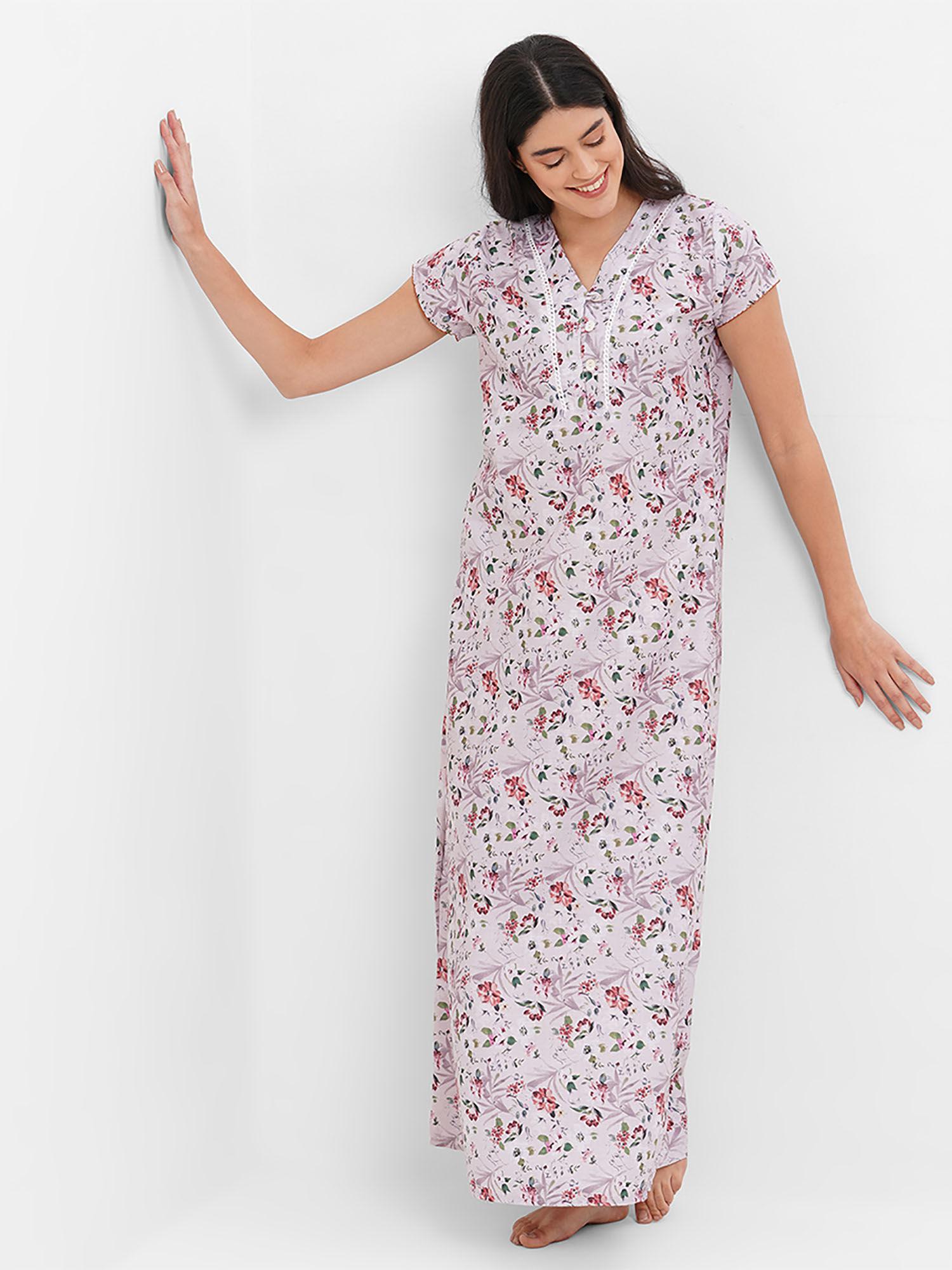 women cotton printed maxi nightdress - beige