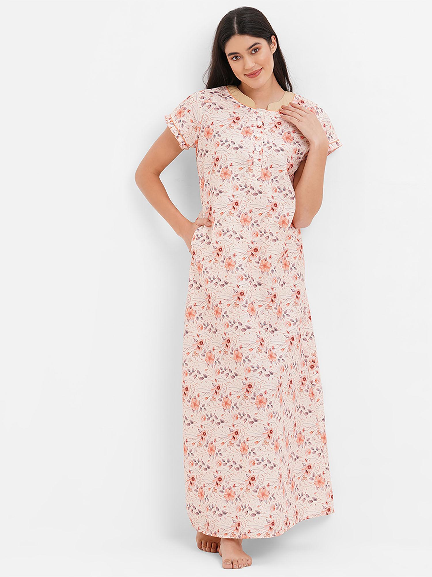 women cotton printed maxi nightdress - peach