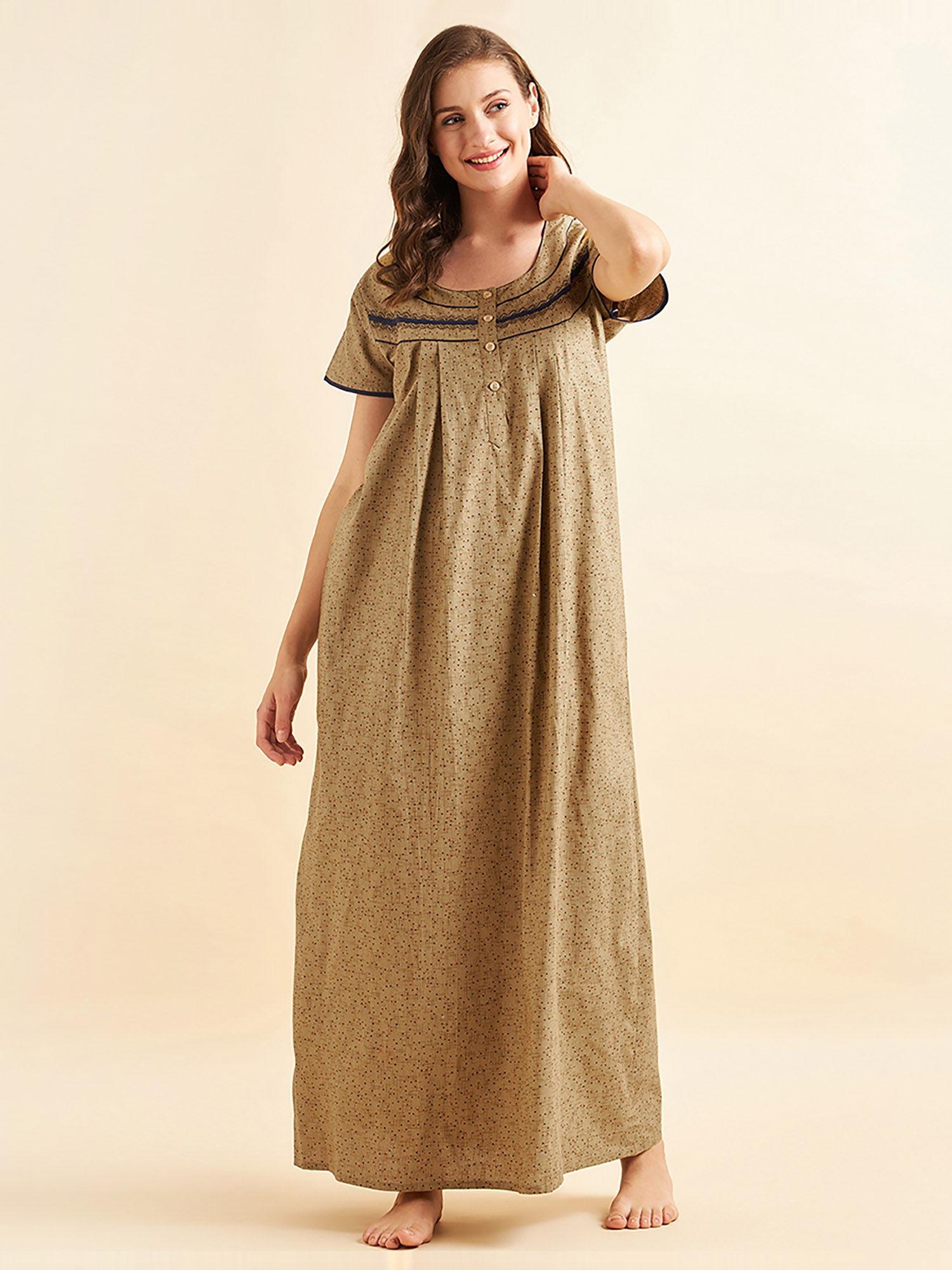 women cotton printed night gown - khaki