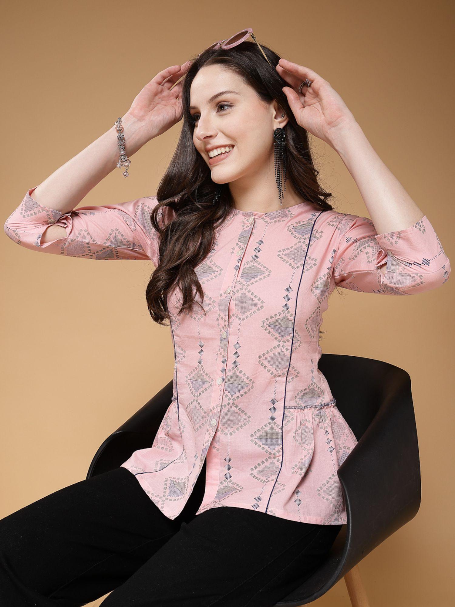 women cotton printed pink top