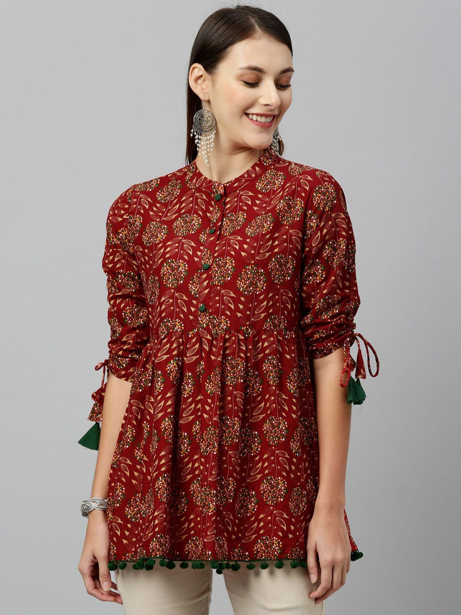 women cotton printed regular top maroon