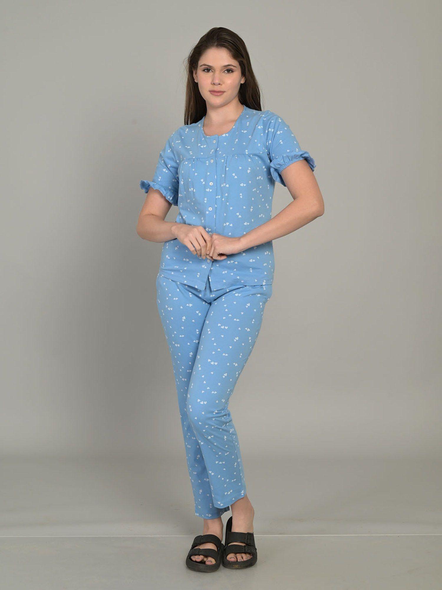 women cotton printed round neck blue half sleeve shirt with pyjama (set of 2)