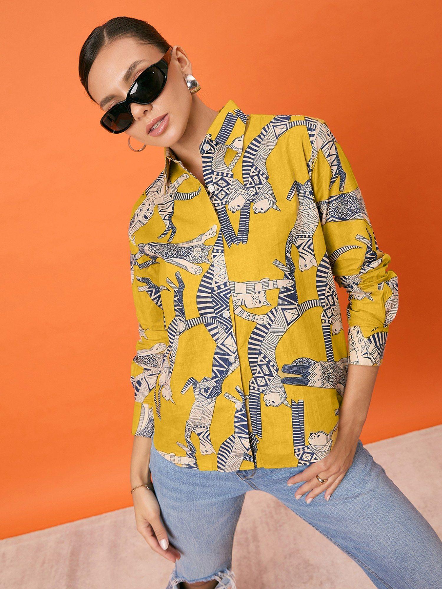 women cotton printed shirt yellow