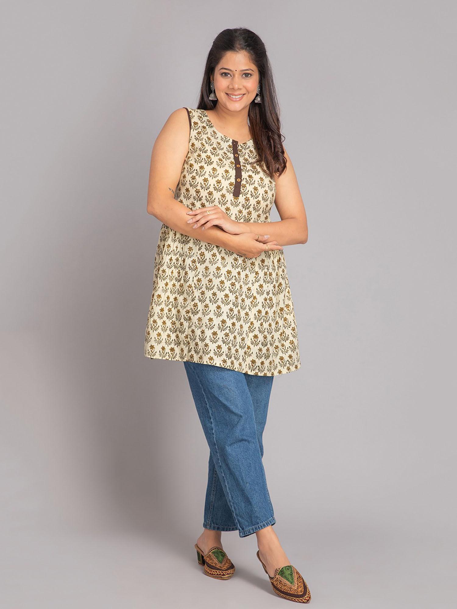 women cotton printed sleeveless kurti day out wear-cream