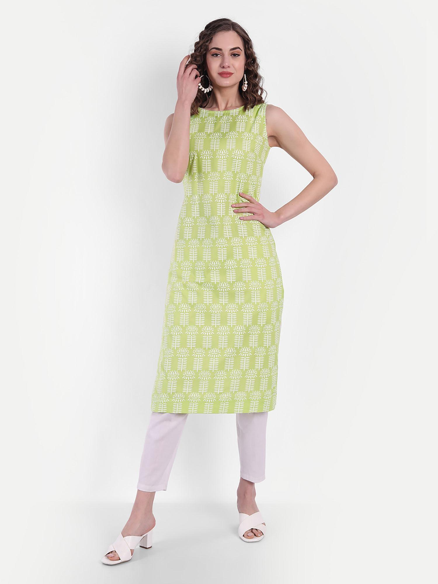 women cotton printed straight kurta lime green