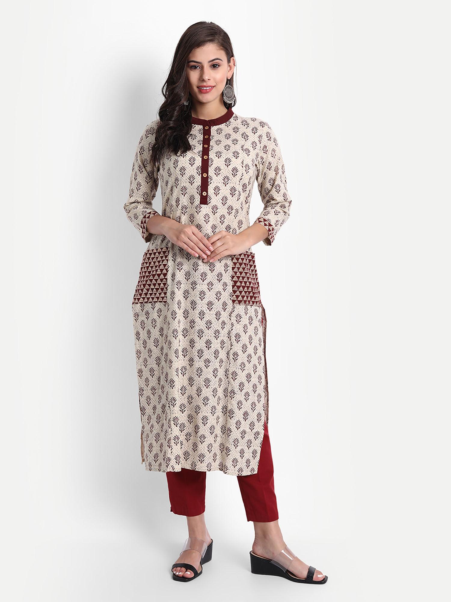 women cotton printed straight long kurta maroon