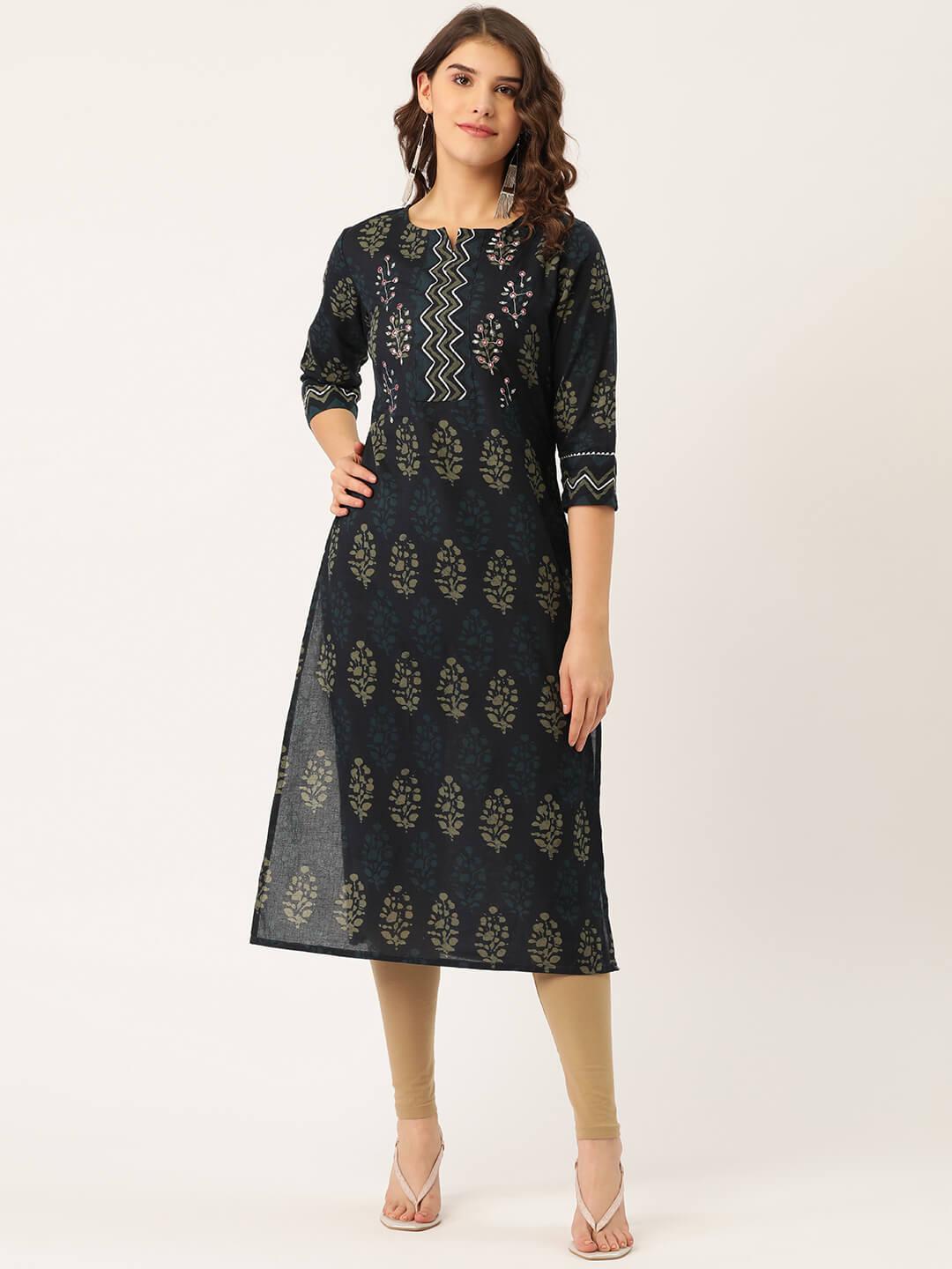 women cotton printed with adda mirror work & gotta detailing kurta blue