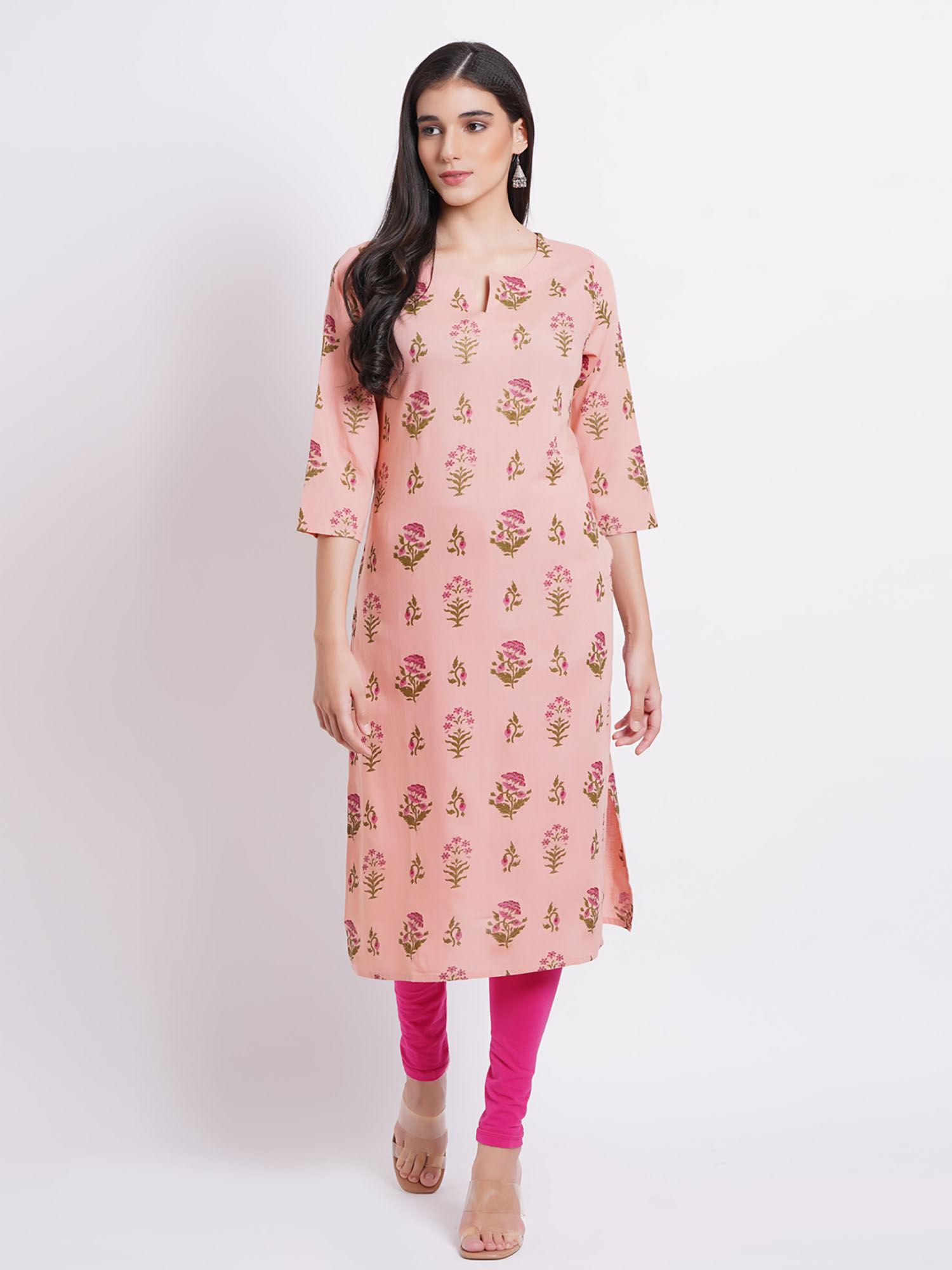 women cotton printed with metal brooch peach